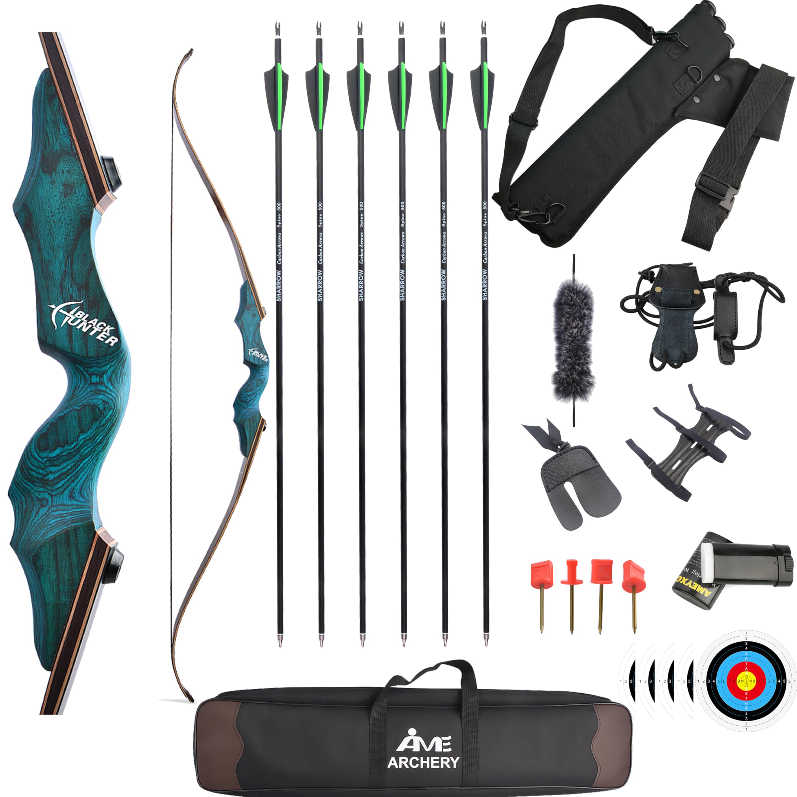 FQH 60'' Archery Recurve Bow Set Takedown American Hunting Long Bow 20-60 lbs for Adults and Beginners Hunter Target Arrow Practice Outdoor Hunting Shooting Training (Blue, 50 LBS)
