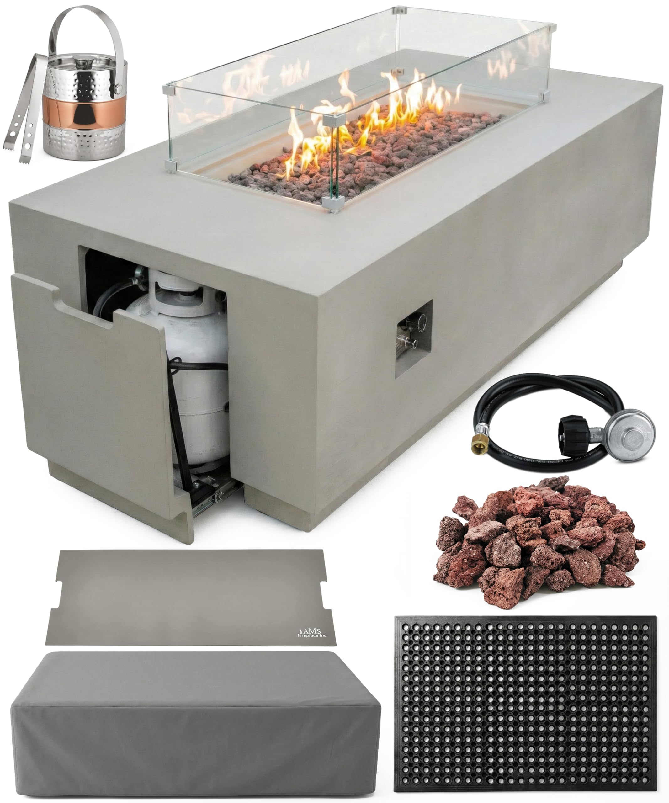 AMS 66" Rectangular Propane Fire Pit for Outdoor Patio (Light Gray, Bundle)