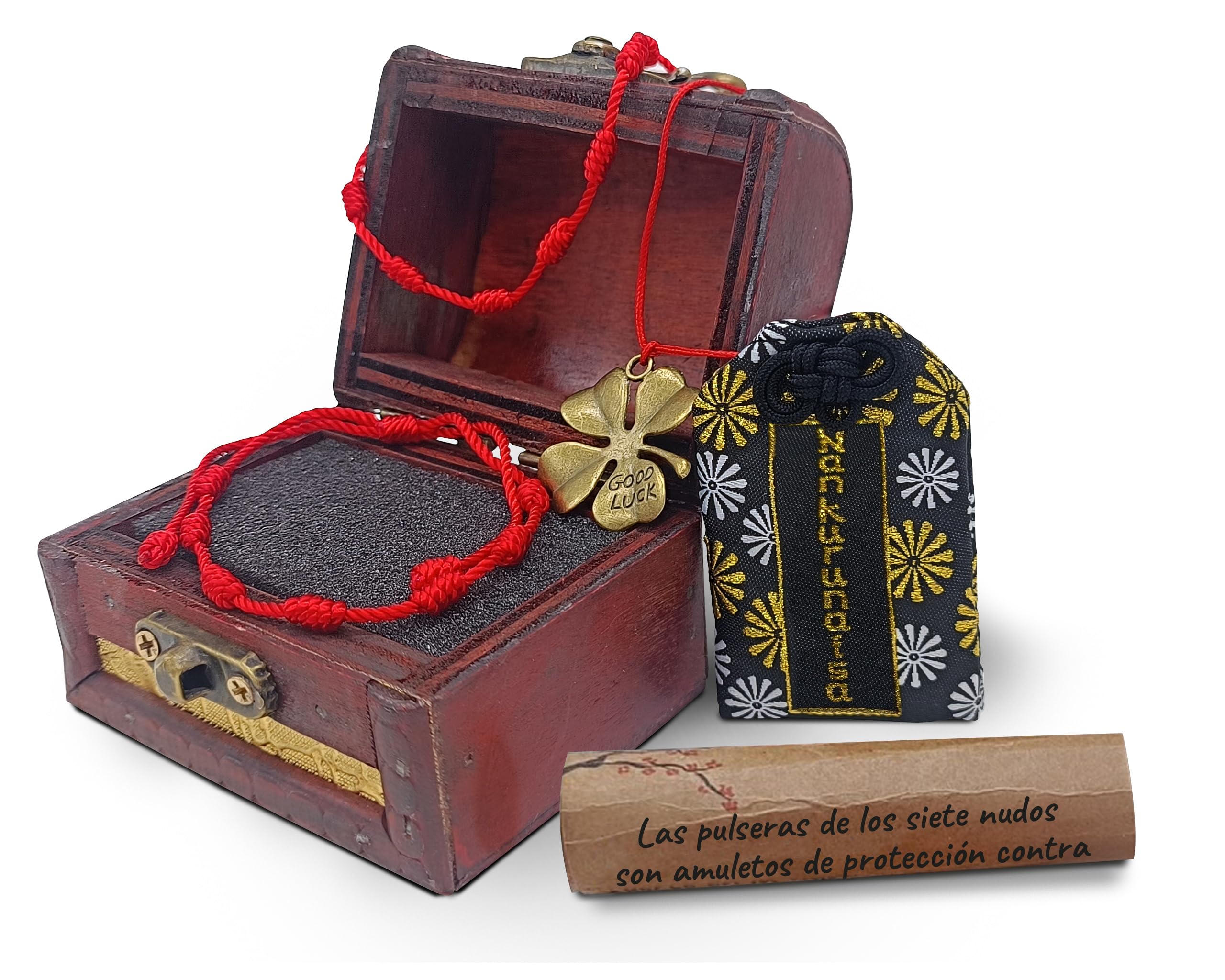 AMOR CON PALABRAS Pulsera de 7 Nudos Roja, Hilo Rojo de Amuletos de la Suerte y Protección, Regalos Originales para Mujer con Cofre del Tesoro y Trebol de la Buena Suerte y Omamori de la Fortuna