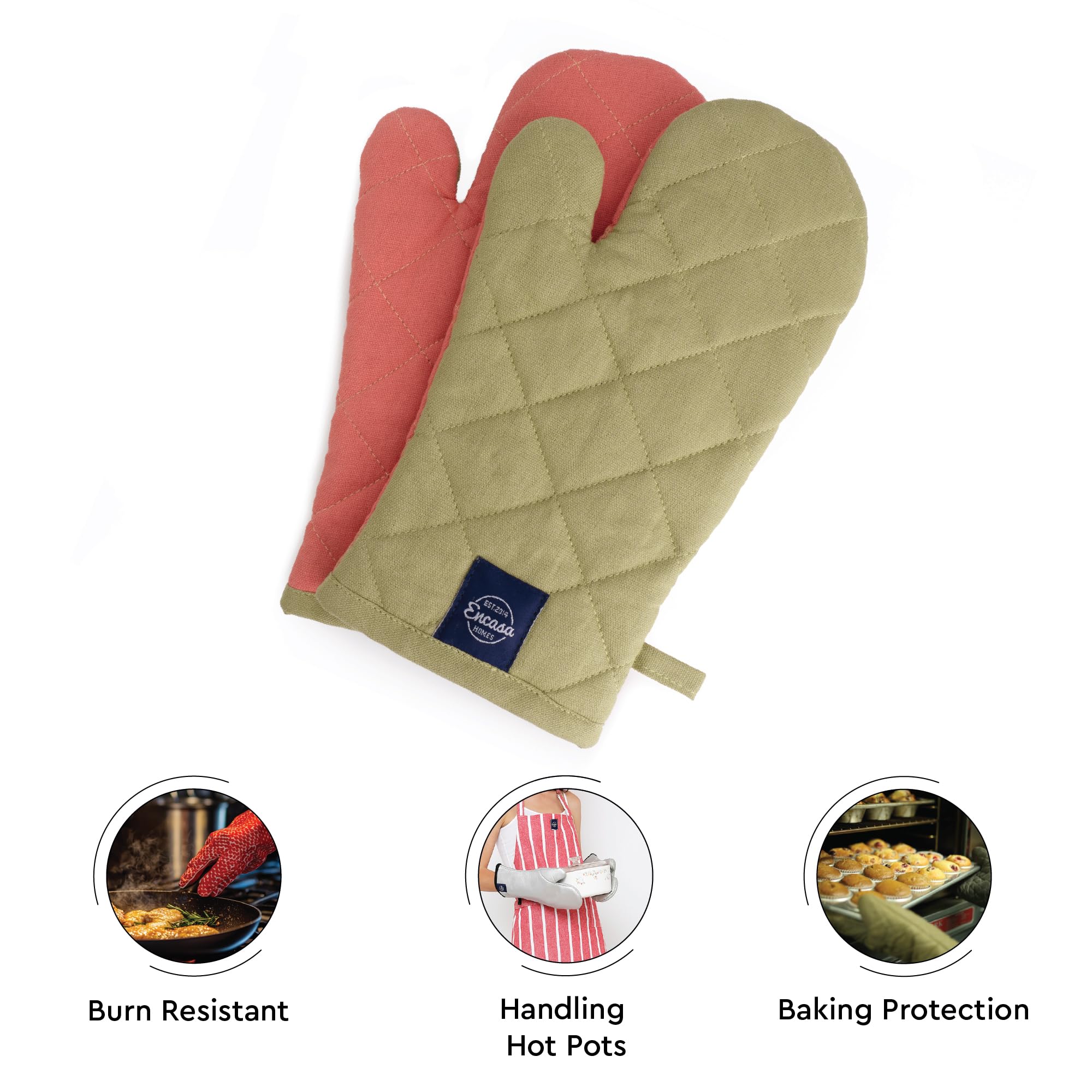 Encasa XO Cotton Oven Gloves, Heat Resistant Quilted Cooking Mitts Sage & Coral 4