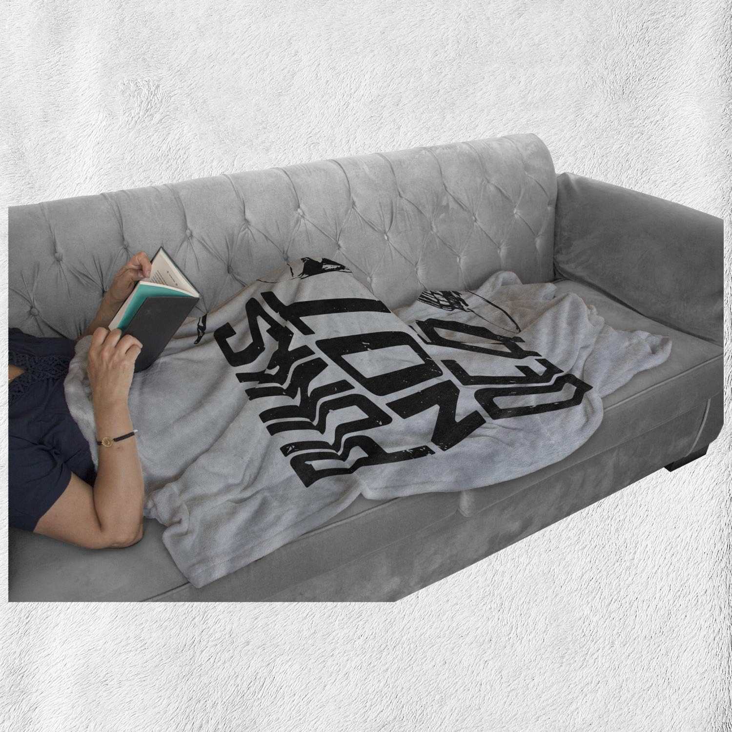 Lunarable Rock Band Throw Blanket, Punks not Dead Calligraphy Poster Design with a Skull in Greyscale Tones, Flannel Fleece Accent Piece Soft Couch Cover for Adults, 50" x 70", Pale Grey