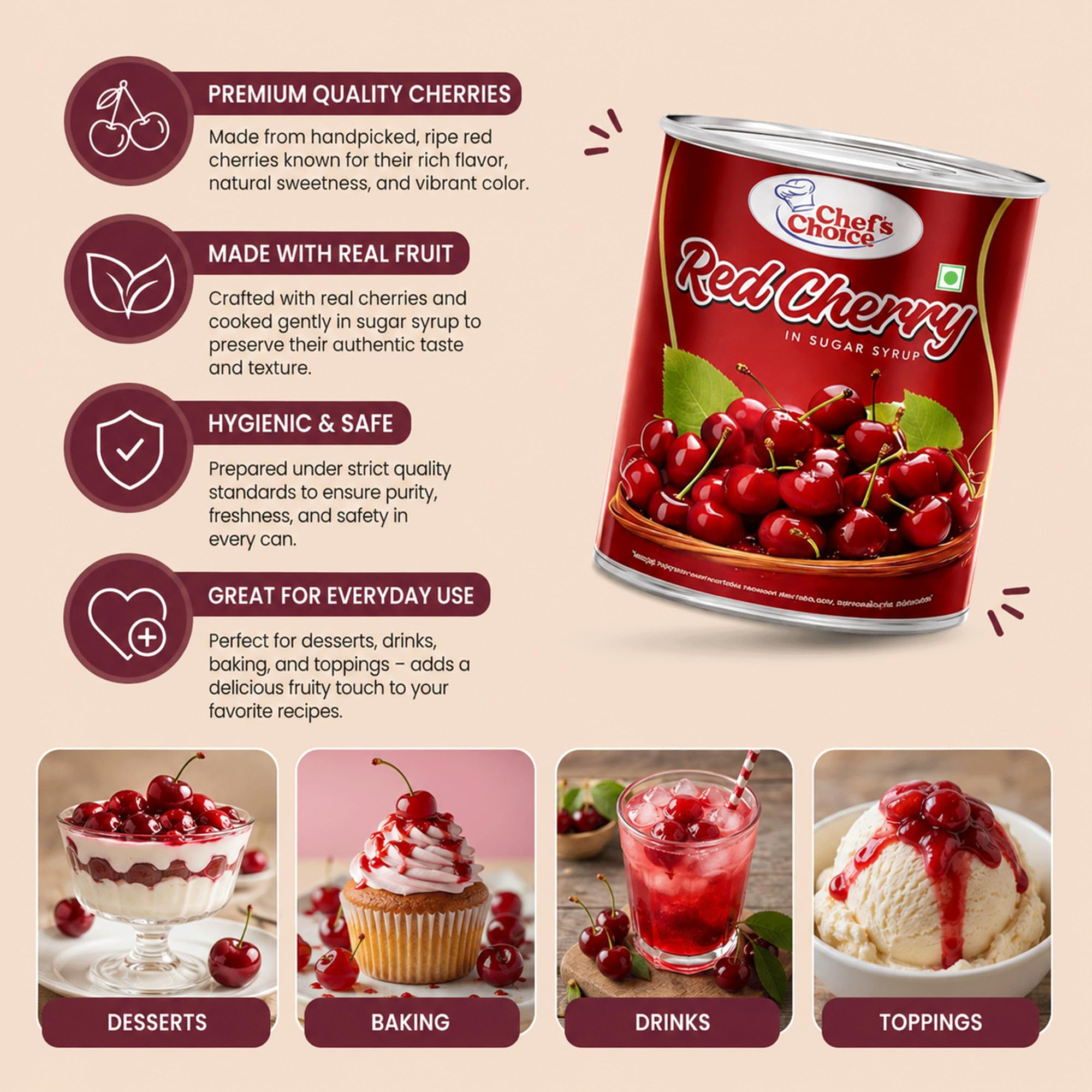 Chefs Choice red cherry in sugar syrup 850g premium sweet glace fruit ready to use for cake decoration ice cream desserts vegetarian tin pack rich color taste enhances baking treats now 1