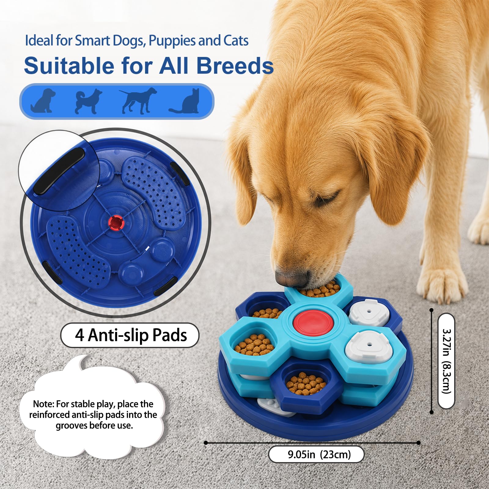 Ciotola per cani a rompicapo Slow Feeder, mangiatoia interattiva rotante a 4 strati con 7 coperchi rimovibili, spatola in silicone e base antiscivolo, blu