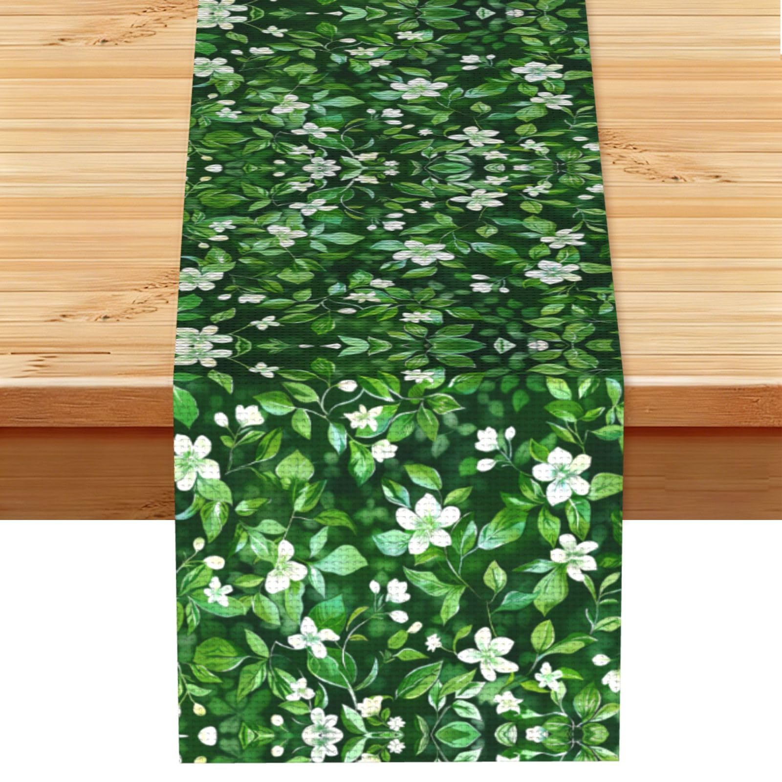 Dense white green flowers Printed Table Runner 13 x 72, Wrinkle Resistant Decor for Dining Table Coffee Table Fireplace