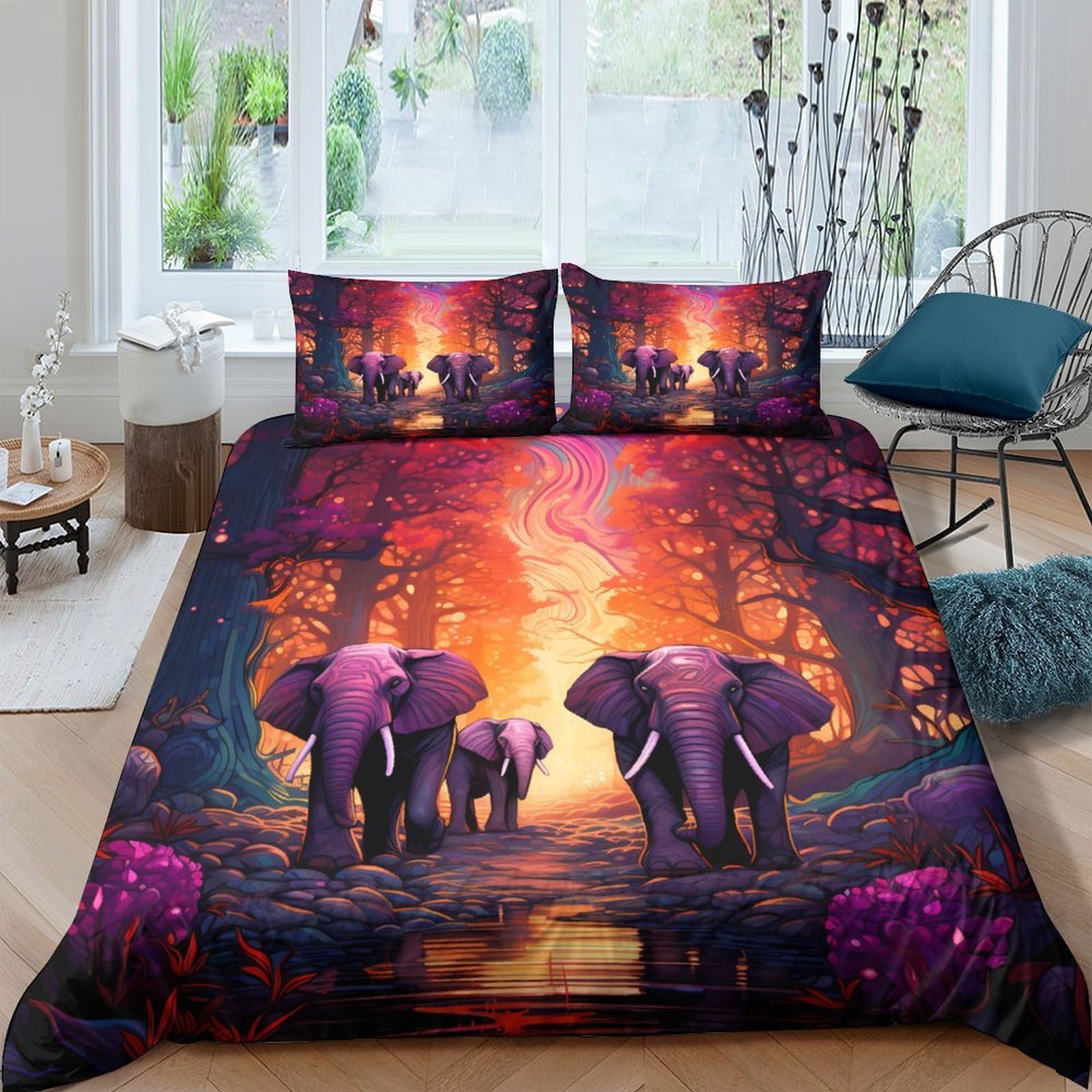 Ctjqhvkz Style-8 3D Printed Sunset Forest Fitted Sheet Microfiber Elephant Family Bed Cover For Bedroom Dorm Mattress Decor Single（135X200cm）
