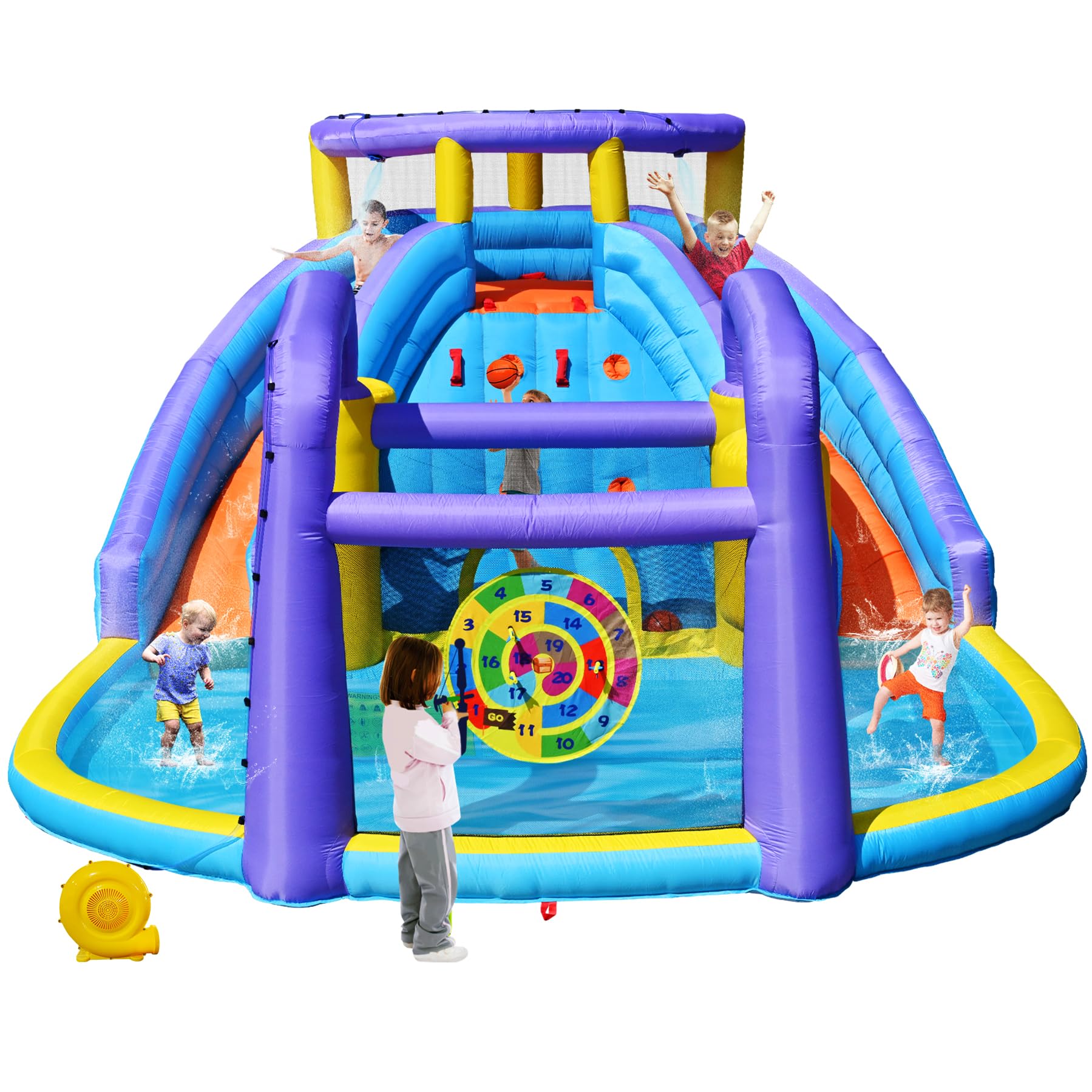 Inflatable Bounce House Water Slide Combo, Blow Up Water Slides for Backyard, Kids Jumper with Climbing Wall, Basketball Hoop, Splash Pool, Bulls Eye, 520W Blower, 165 x 174 x 90 Inches