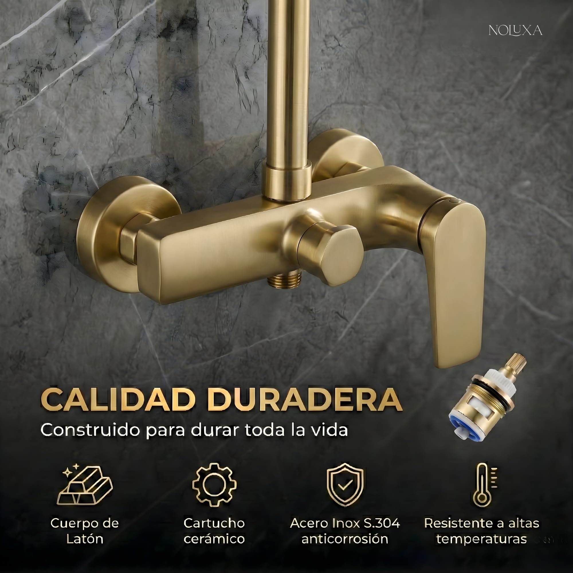 IMEX - Columna Ducha Oro Cepillado con Grifo | Conjunto de Ducha Monomando con Alcachofa y Rociador Antical | Griferia en Latón y Acero Inox S.304 con Barra Extensible | Serie Delos
