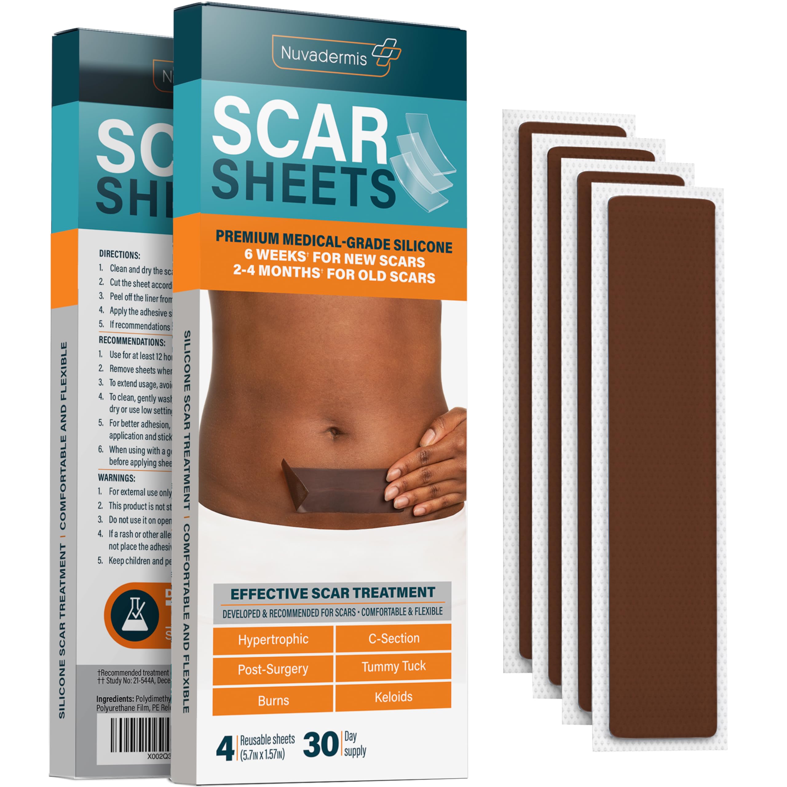 NUVADERMIS Silicone Scar Sheets – Extra Long Medical-Grade Scar Sheets for C-Section, Tummy Tuck, Keloid, and Surgical Scars – Reusable and Effective – Pack of 4 – Dark Tone