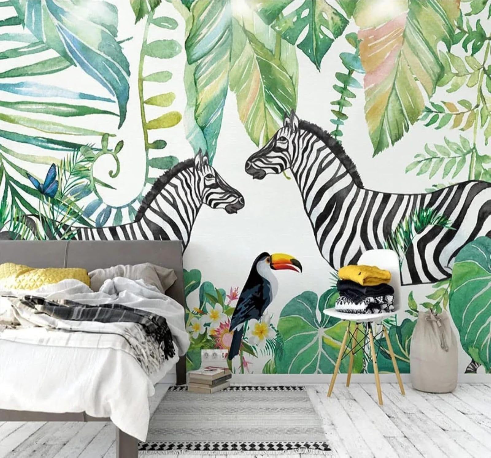 XLMING Hand Drawn Watercolour Green Leaves Zebra Parrot 3D Wallpaper Premium Textured Silk Study Dining Living Room Bedroom Sofa TV Wall Easy Install-430cm×300cm