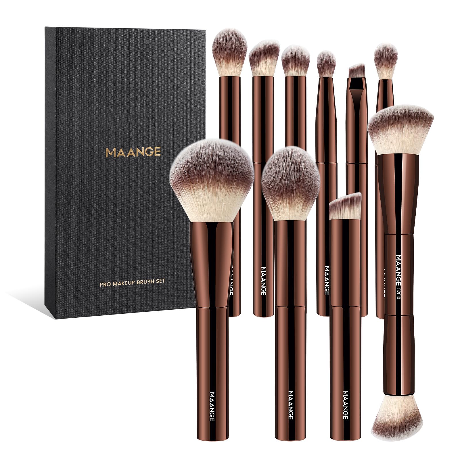 MAANGE 10 Pcs Travel Makeup Brush Set with Magnetic case, Premium Synthetic Short Handle Brushes for Foundation, Powder, Concealer, Eye Shadows, Makeup Brush Tools Set (Coffee Brown)