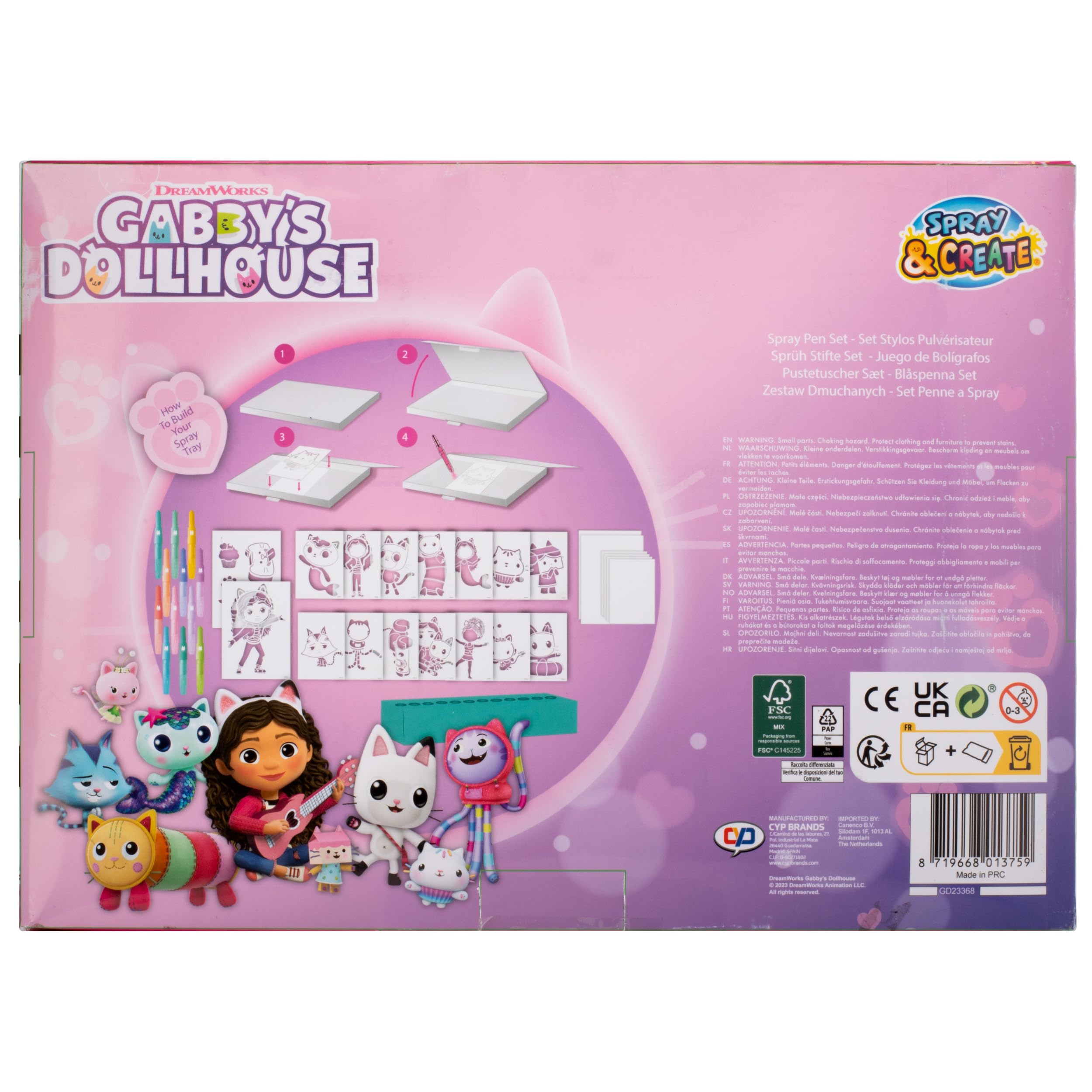Gabby's Dollhouse - Spray Pen Set Desktop Box (GD23368) - Kit de Stylos Pulvérisateurs pour Colorier et Dessiner - 12 Stylos et 16 Pochoirs pour Créer des Couleurs et des Dessins Uniques