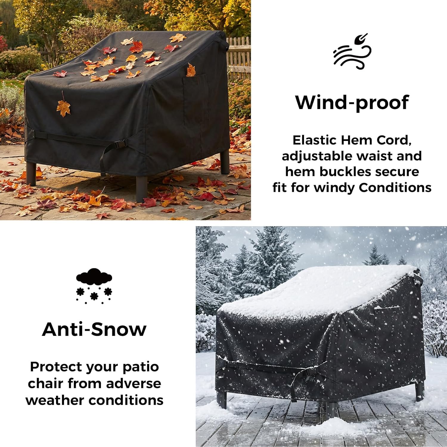 Dntorx 2 Pack Waterproof Patio Chair Covers, 37W x 40D x 30H Inches Durable Patio Furniture Covers with 1 Handbag for Lounge Deep Seat, Adjustable Waist Belt & Windproof & Breathable(Black)