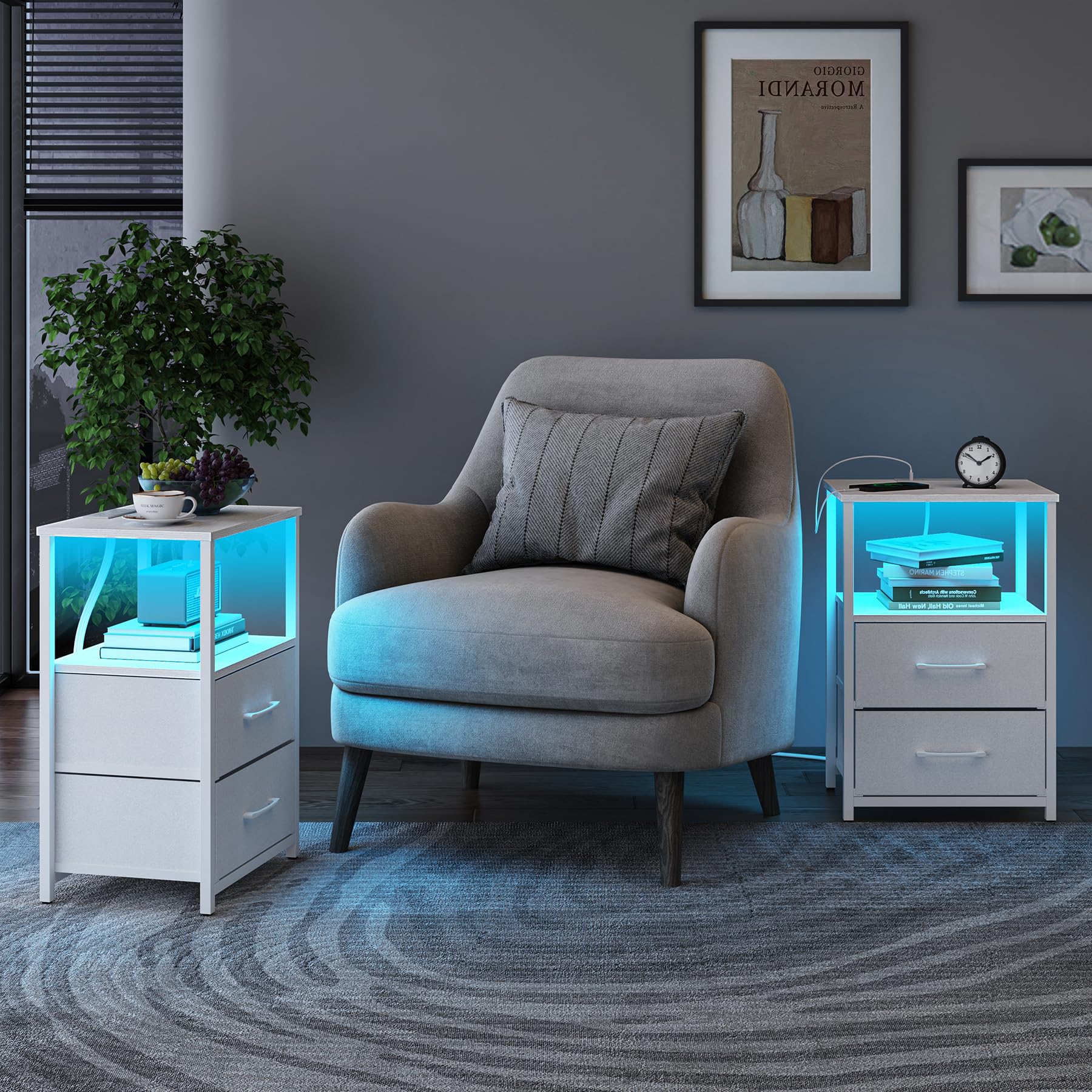 TUTOTAK Set di 2 comodini a LED con stazione di ricarica | Comodino con cassetto in tessuto, tavolino con 1 porta USB e 1 porta di tipo C, tavolino da divano, bianco TB01BW052L