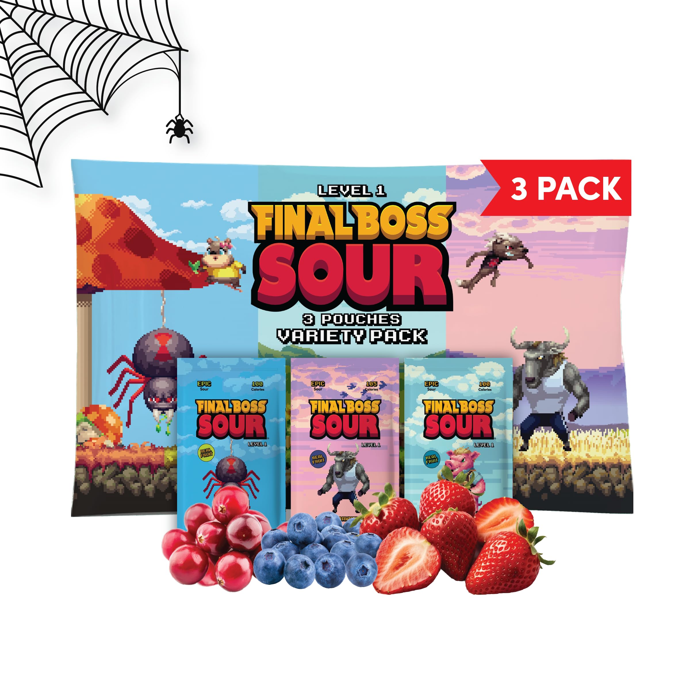 Final Boss Halloween Sour Candy, Variety Minipacks, 3 Pack, Level 1, Extreme Sour Fruit Chews with Real Dried Fruit, No Artificial Colors or Flavors, Low Calorie Snack for Kids, Teens, Adults