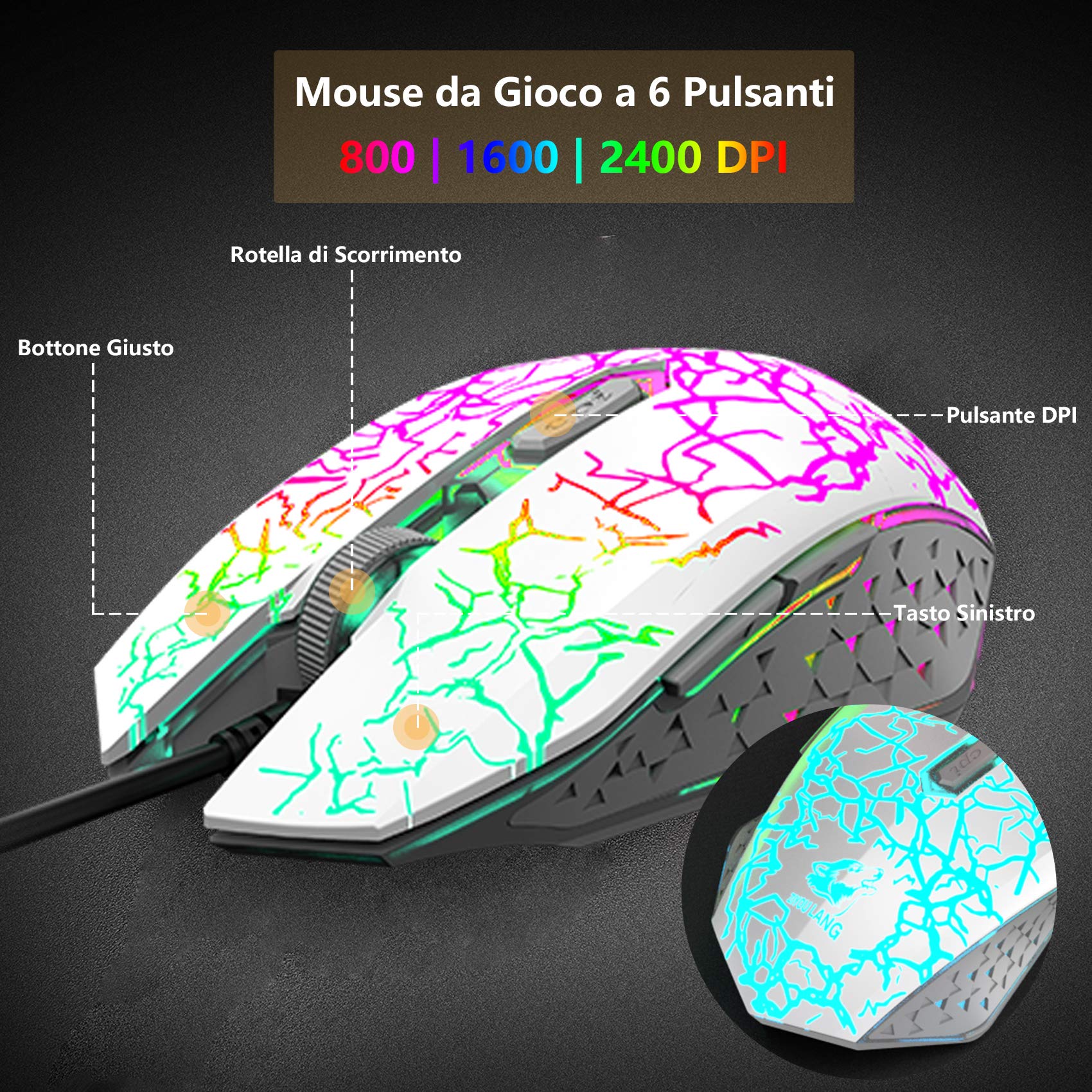 Tastiera e Mouse da Gioco, Gaming Tastiera Retroilluminato a LED Colore Arcobaleno, Mouse 6 Tasti 2400 DPI e Tappetino per Mouse, USB Cablato per PS4 XBox, Bianca