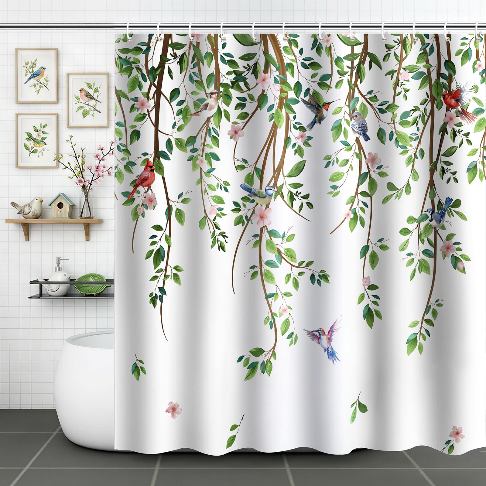 ZCHOMI Spring Leaves Birds Shower Curtain Green Hanging Vine Plant with Floral Shower Curtains for Bathroom Waterproof Polyester Fabric Bath Curtain