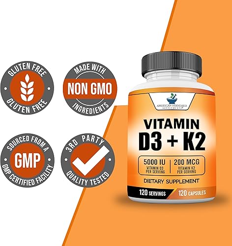 Miniatura 5 de American Standard Supplements Vitamina D3 5000 UI (125mcg) más vitamina K2 (MK7) 200mcg por cápsula - Sin gluten, sin OMG, 120 cápsulas, 120
