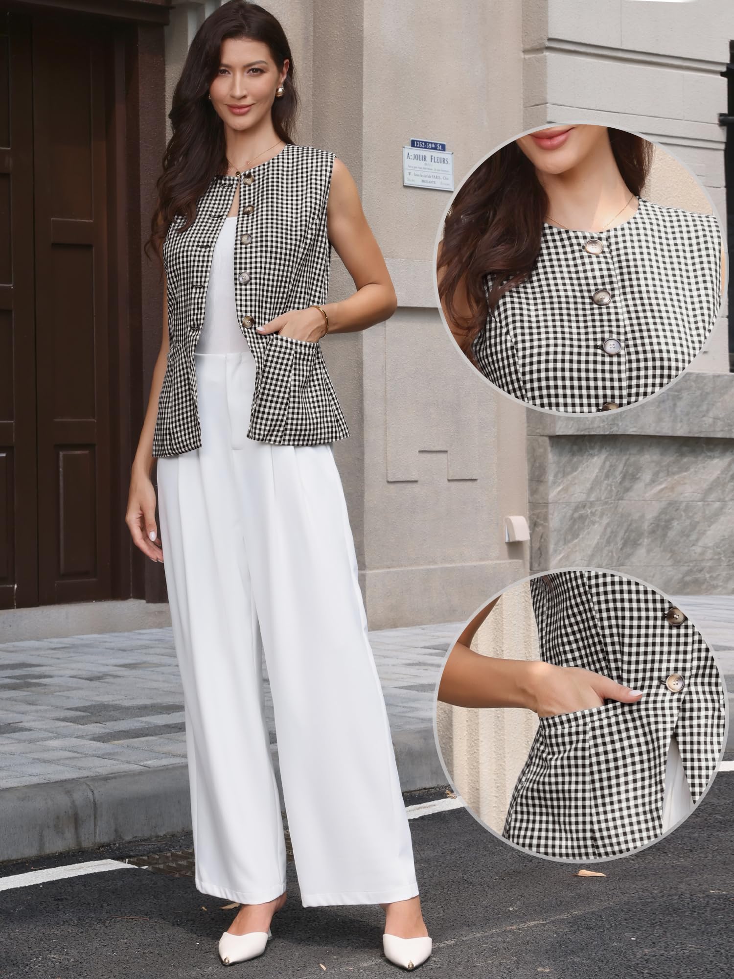 Allegra K Gilet de Tailleur Femme à Carreaux Blazer sans Manches à Col Rond Style Professionnel