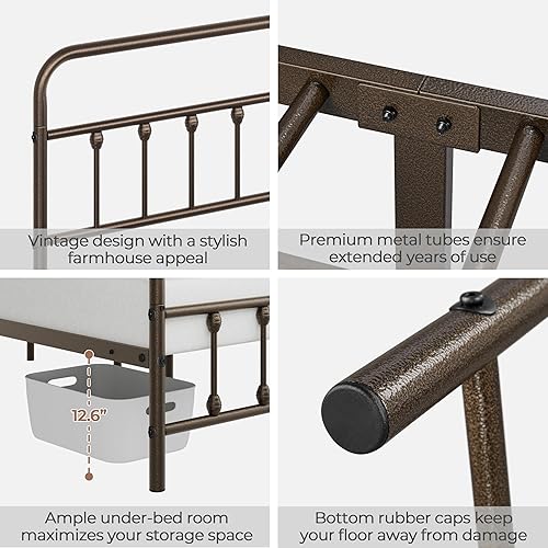 Miniatura 5 de Yaheetech Base de cama clásica de metal con base de colchón con estilo victoriano, cabecera, estribo, almacenamiento debajo de la cama, no necesita