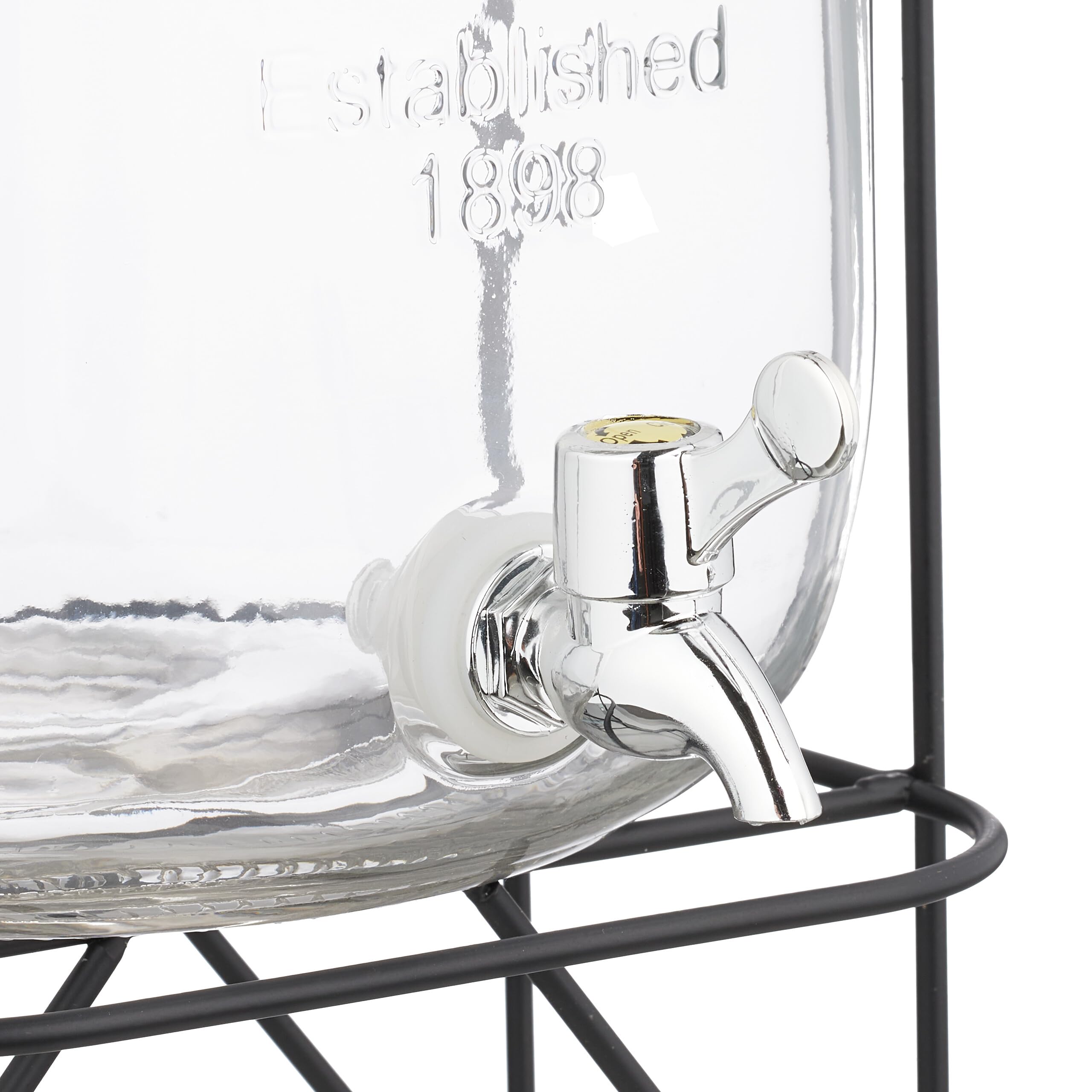 Relaxdays Dispensador Bebidas con Soporte, Recipiente Limonada 8 L, Grifo de Hierro y Tapa, Cristal, Transparente/Negro