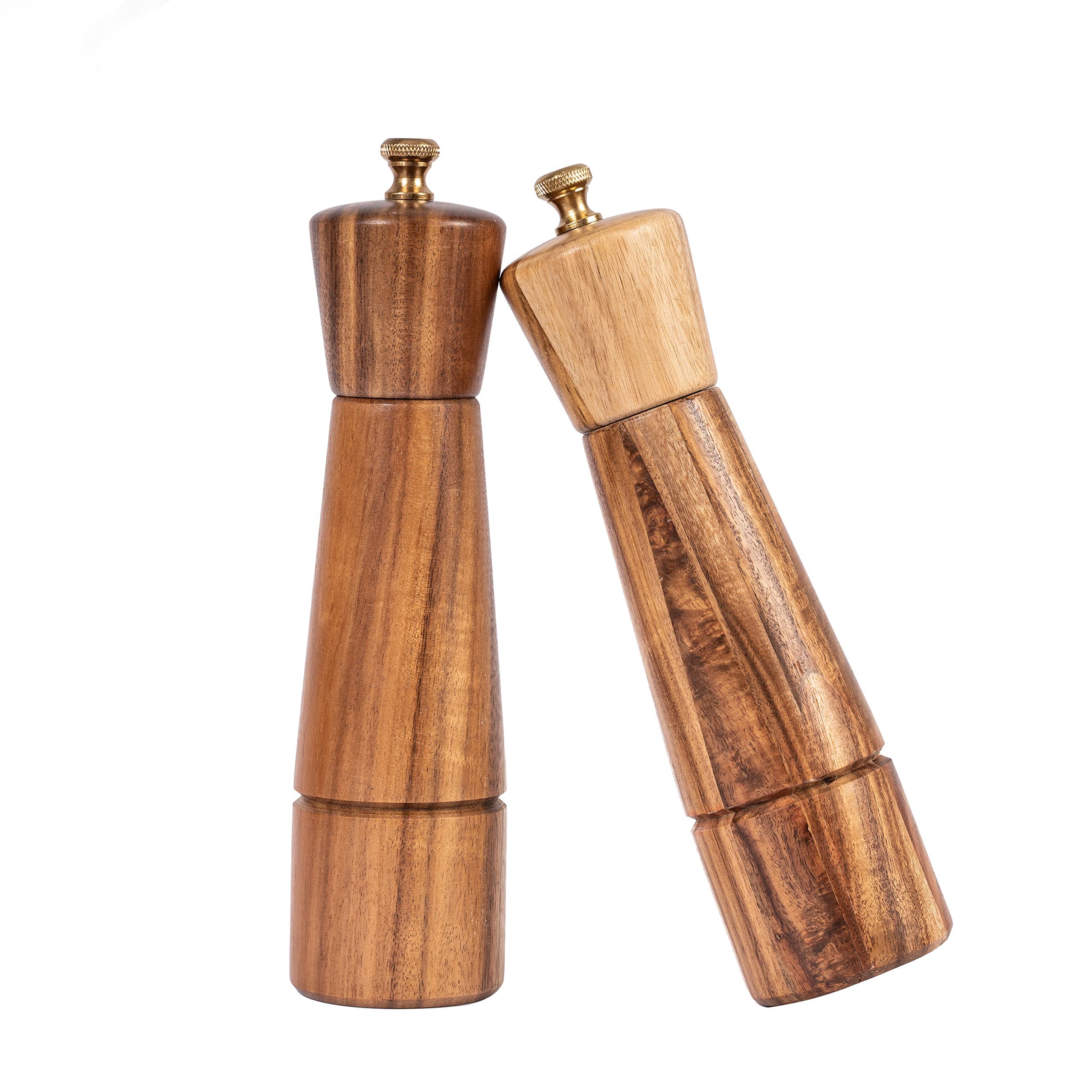 Salz- und Pfeffermühlenset, Verstellbare Keramikmahlwerk Salzmühle, Edelstahlmahlwerk Pfeffermühle, Akazienholz, 22 cm Höhe, Boden DIA 5,5 cm (Tablett ist nicht enthalten)