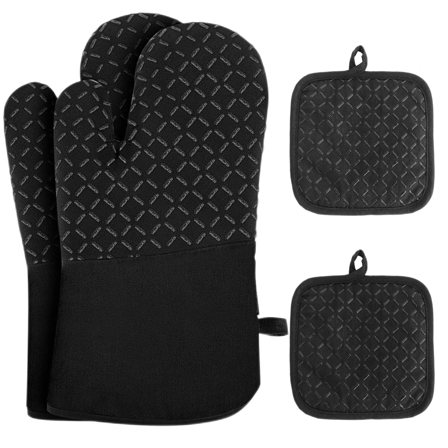 4 Pcs Oven Mitts and Pot Holders,Oven Glove High Heat Resistant 500 Degree,Long Oven Mitts with Recycled Cotton Infill and Silicone Non-Slip Surface for Baking,Kitchen,Cooking(Black)