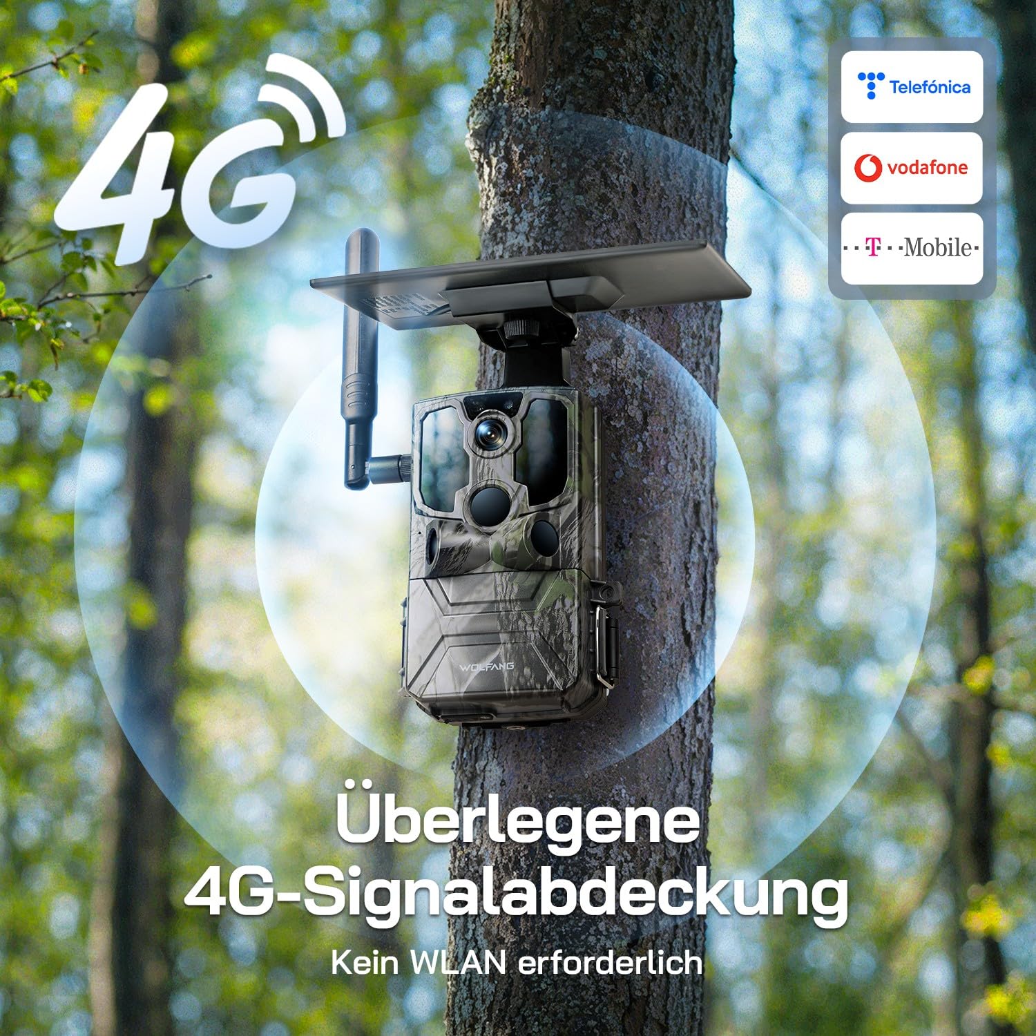 WOLFANG Wildkamera, 2.5K 4G LTE Live Solar Übertragung Wildkamera mit Handyübertragung App, Echtzeitalarm, Super-Infrarot-Nachtsicht Kamera mit 7800mAh Akku, 32GB SD Karte, 2-Wege-Audio IP66