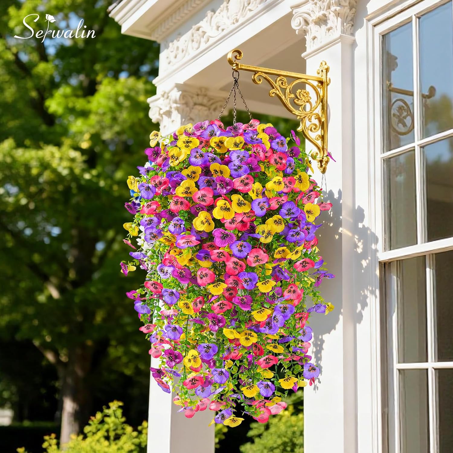 Serwalin Artificial Fake Hanging Flowers for Outdoors Planters,12PCS UV Resistant Faux Pansy Spring Flowers for Outside Porch Patio Garden Window Box (Mixed Colors)