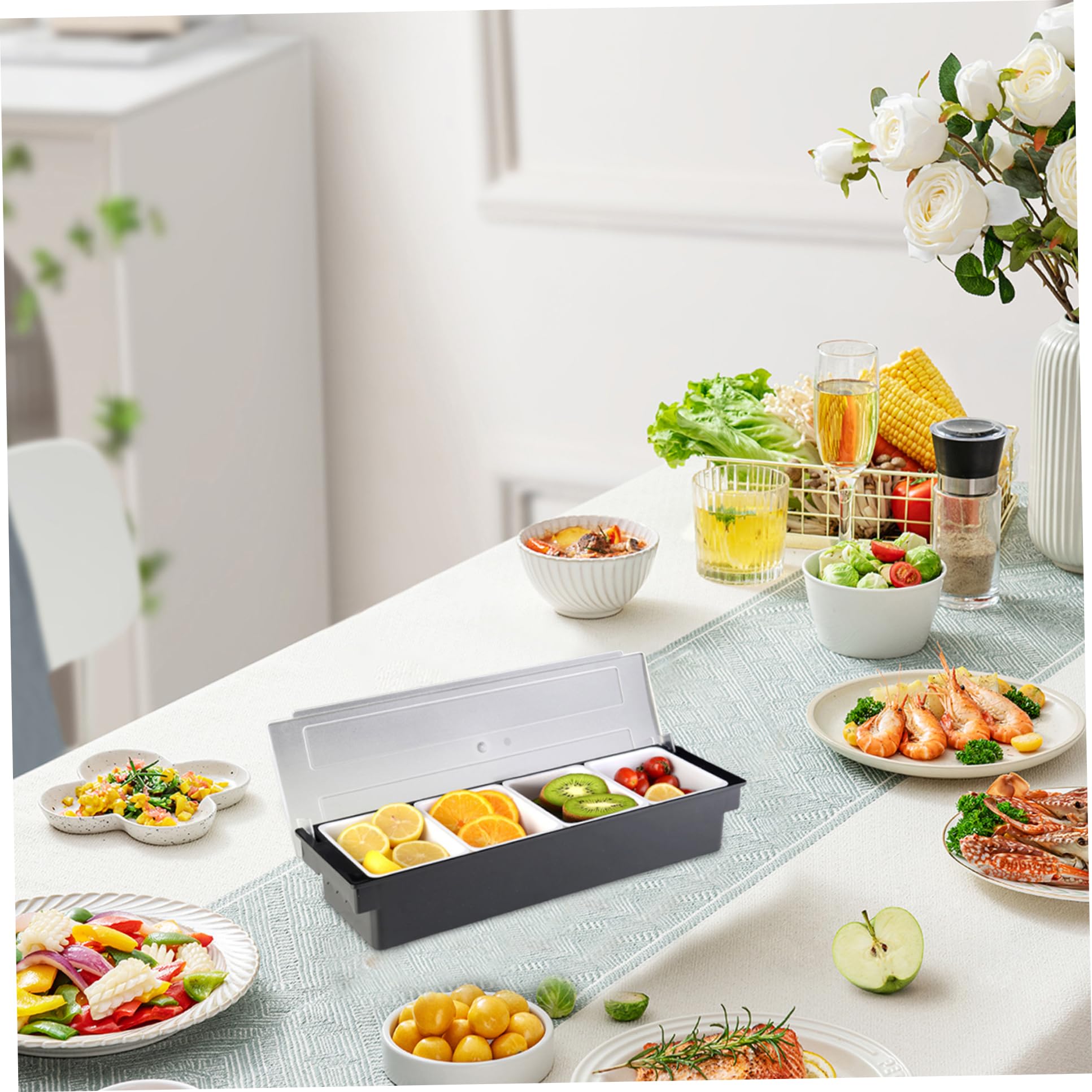 Bar-Gewürzbehälter mit 4 herausnehmbaren Fächern, Gewürzbehälter mit Griff, Obststange mit Deckel, leicht zu reinigendes Garniertablett für Obstsalat