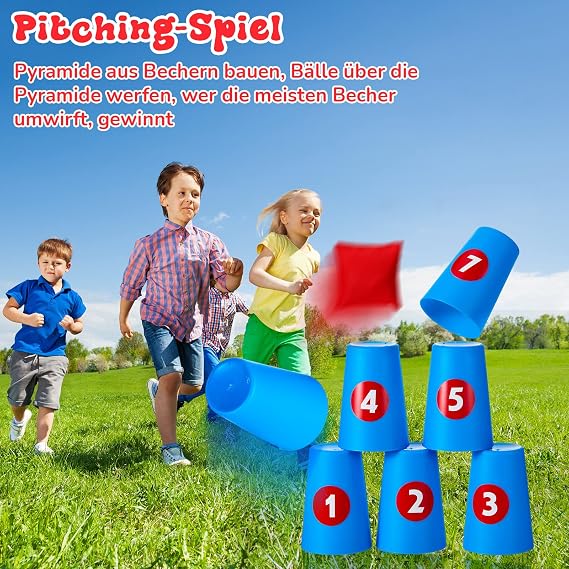 54 Piece Can Throwing Kids 3-in-1 Toss Game with Cups Ringwurfspiel Kinder Outdoor für Kindergeburtstag und Garten mit 20 Stapelbechern 10 Wurfringen und 4 Bohnensäckchen
