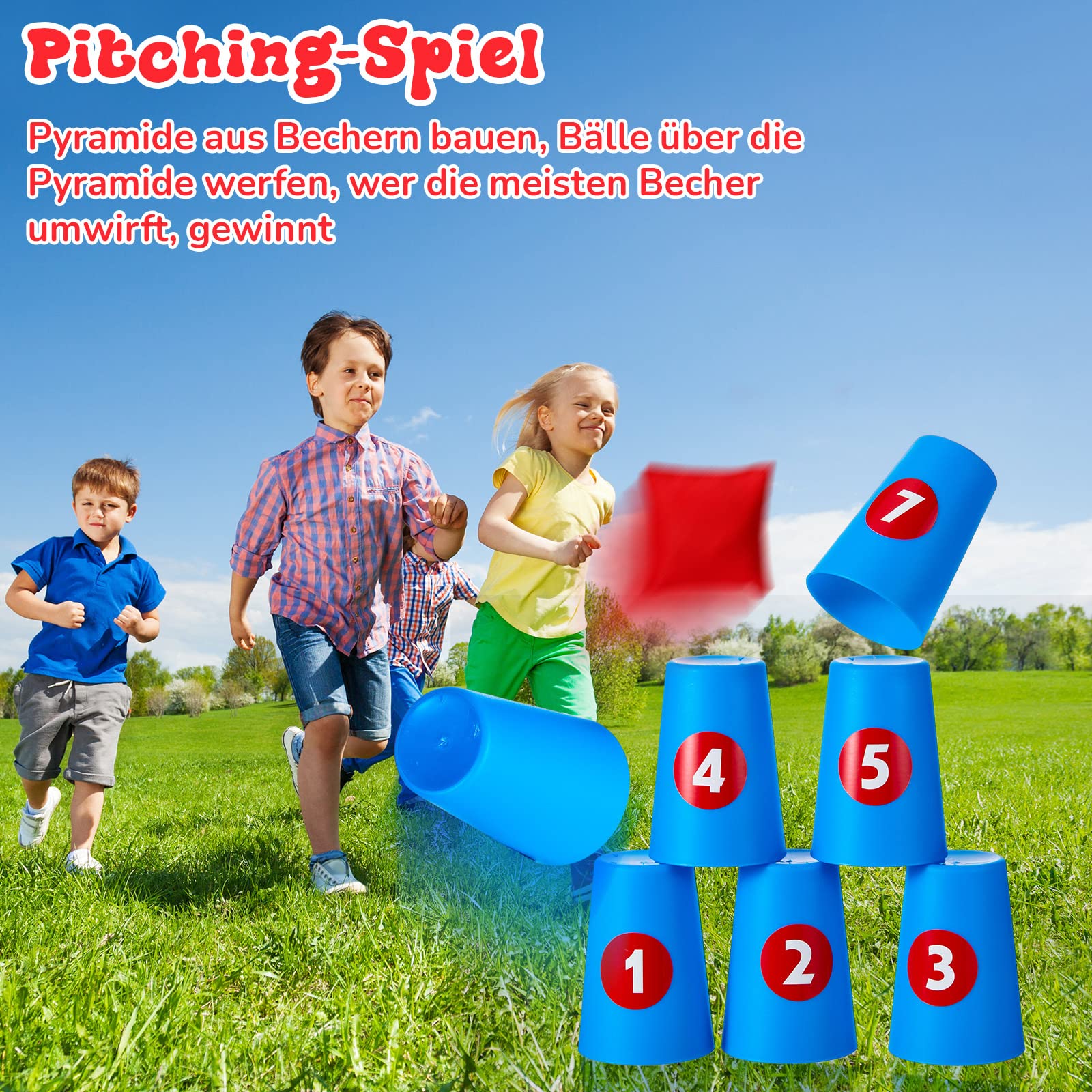 54 Pezzi Giochi di Lancio per Feste 3 in 1 Gioco di Lancio per Bambini 20 Bicchieri Impilabili 10 Anelli 20 Adesivi Numerici 4 Sacchi di Fagioli per Compleanno Attività all'Aperto Giardino