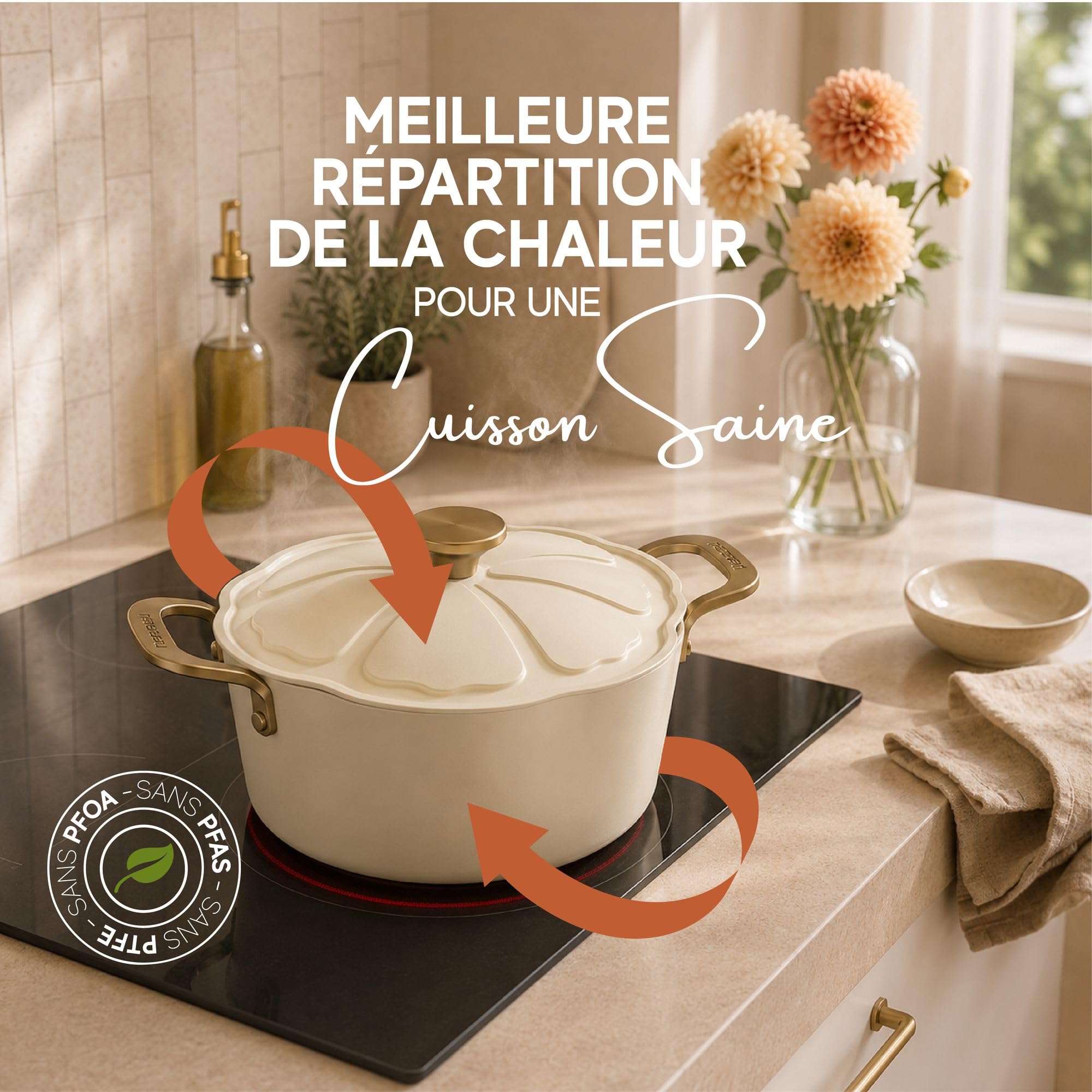 MENASTYL - Faitout 24cm Dahlia sans PFAS - Revêtement céramique antiadhésif crème - 98% d'aluminium recyclé - Tous feux dont induction et lave-vaisselle - Poignée rivetée en inox - 6020941