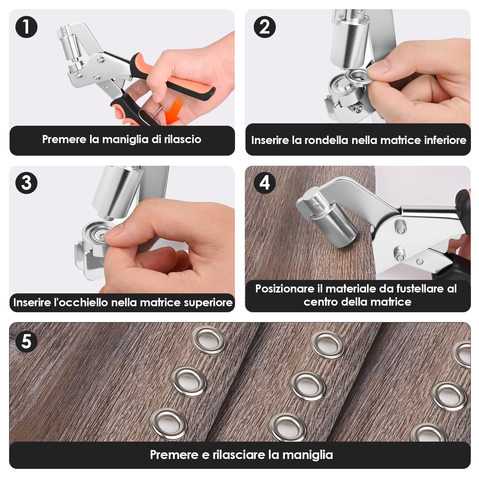 Occhiellatrice, Pinza Per Occhielli Metallici Professionale 10 mm Con Leva E Magnete, Occhiellatrice Per Teloni Con 500 Occhielli E Utensile Da Battuta, Per Cartone, PVC, Fai Da Te