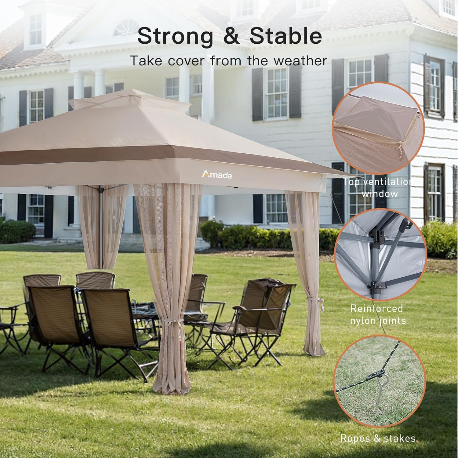 Amada 13x13 Pop Up Outdoor Gazebos on Clearance for Backyard & Patio Furniture with Wheeled STO-N-Go Cover Bag, Carpa Pop Up Tent with Shelter Mosquito for Patio, Lawn, Garden(13×13ft, Khaki)