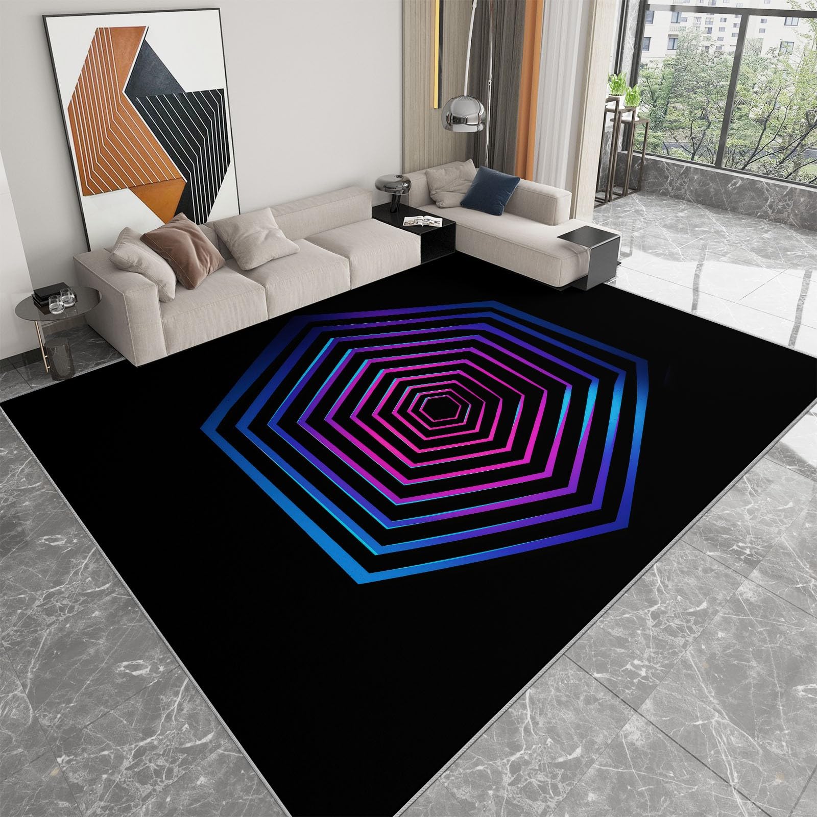 Dywan zmywalny 140 x 200 cm geometryczny do salonu, odporna na poślizg neonowy sześciokąt paski mata antypoślizgowa - miękki dywanik z nadrukiem do sypialni pokoju dziecięcego kuchni pokoju zabaw