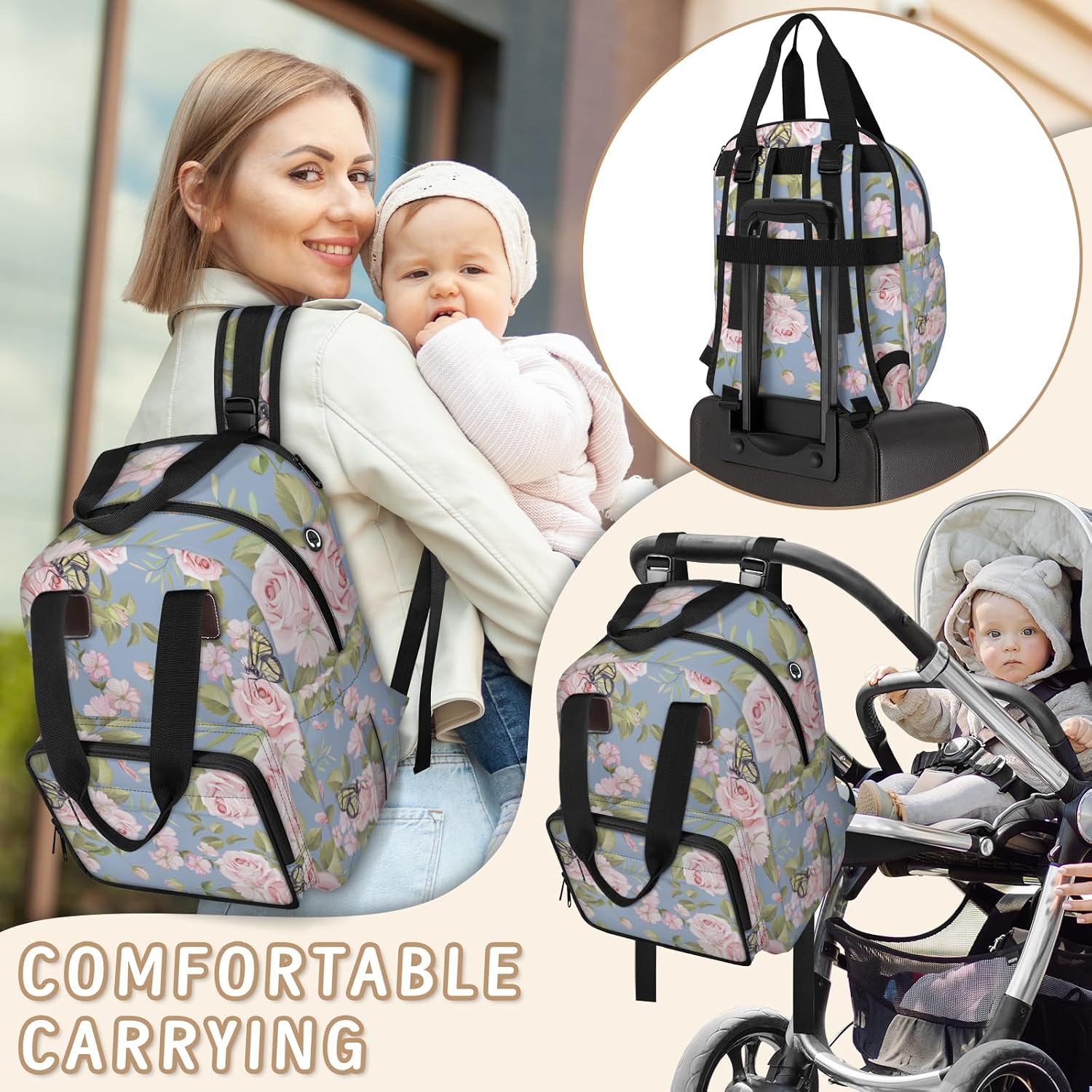 Pink Rose Butterfly Diaper Bag Backpack-Multi-functional mother and baby bag Thermal compartment USB charging port Large capacity Multi-pocket organizer Stroller can be hung Travel shopping