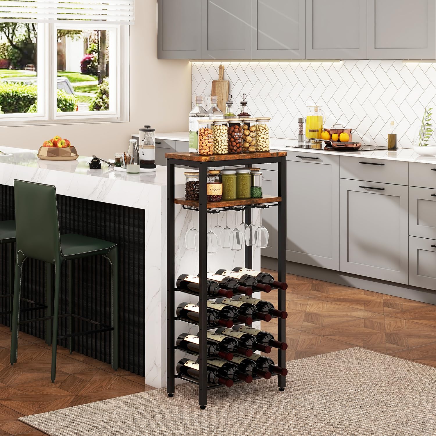 Estantes de vino independientes para piso, soporte para botellas de licor, gabinete de vino para 16 botellas con soporte para vidrio, soporte para vino, mini mesa de bar de vino para sala de 4