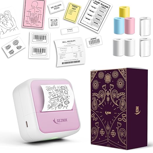 SEZNIK Mini Printer, Inkless, Thermal, Bluetooth, Portable Printer, Compatible with Android, iOS Mobile. 1 Year Warranty (MiniX-Pink-Gift)