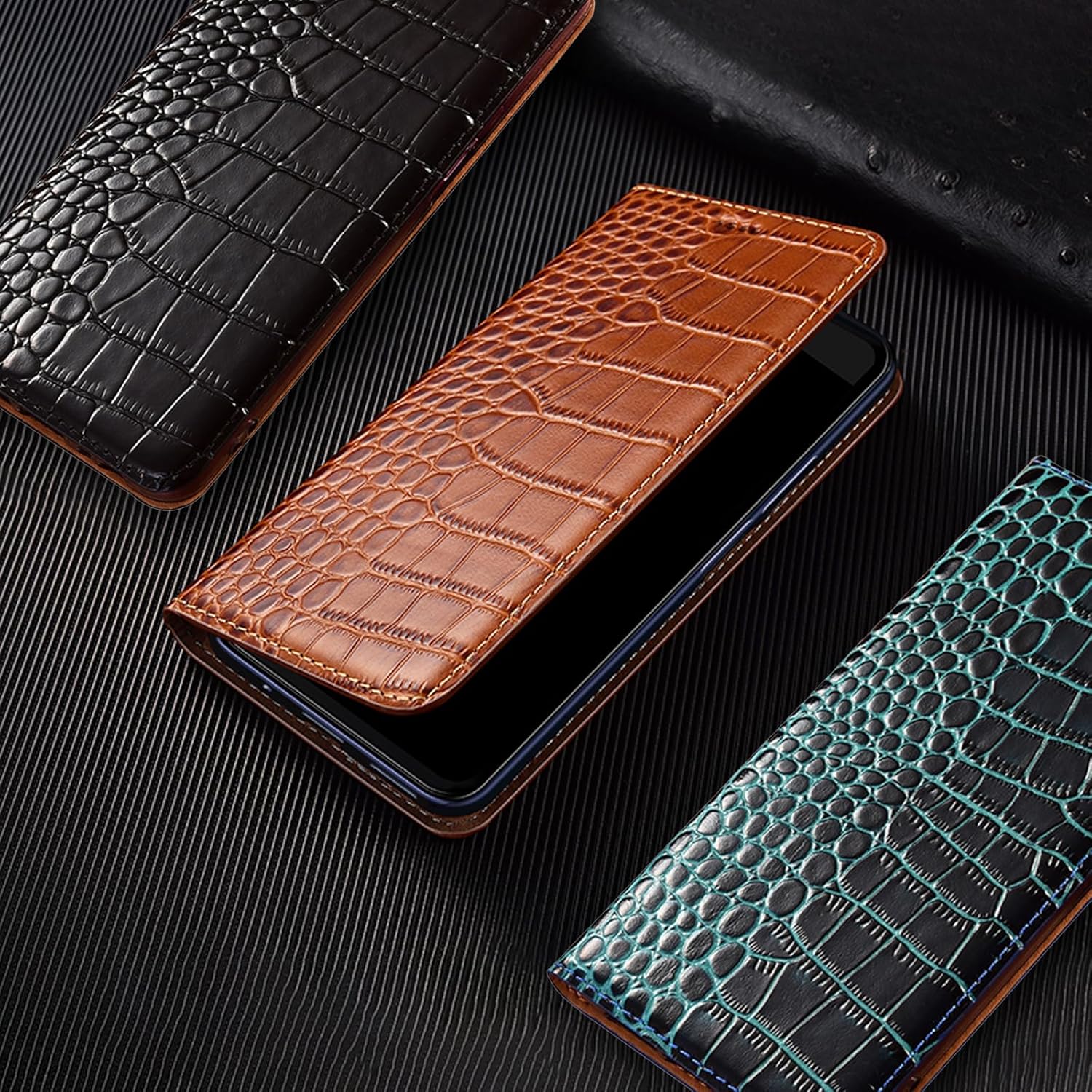 for iPhone 17 Pro Max Real Genuine Leather Crocodile Pattern Flip Case Protective Cover with Card Slots TPU Shockproof Interior Case Classic Business with Full Body Screen Camera (Brown)