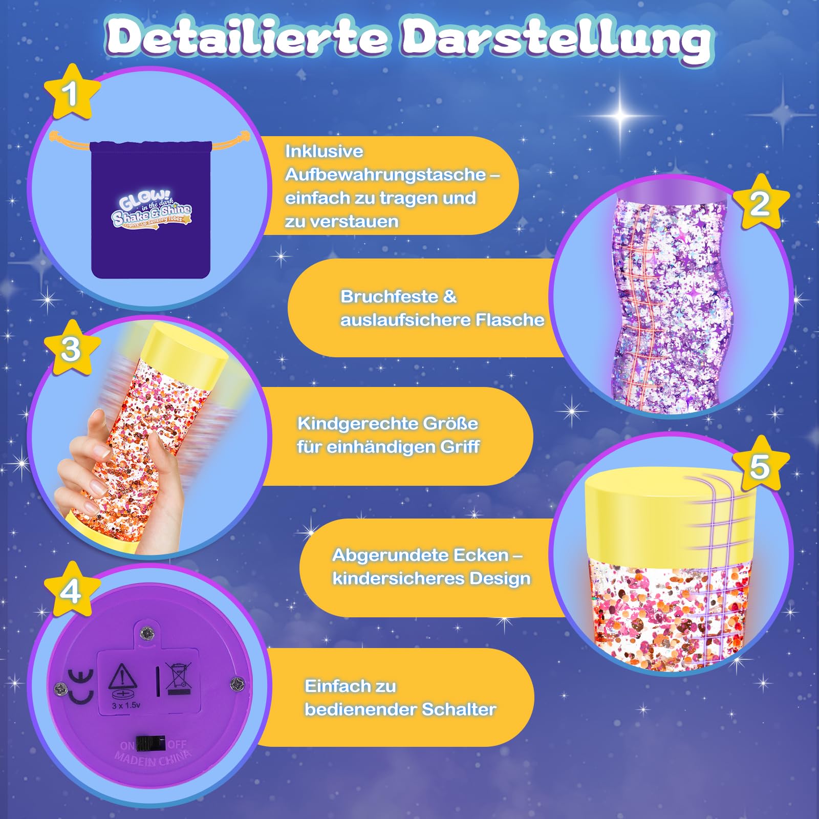 NYOBABE Leuchtende Sensorik Spielzeug,Sensorik Flaschen in 3 Formen,Nachleuchtende Sinneslampe zur Stress- und Angstbewältigung,Fidget Toys für Kinder＆Erwachsene,Stressabbau Spielzeug für Autismus 3+