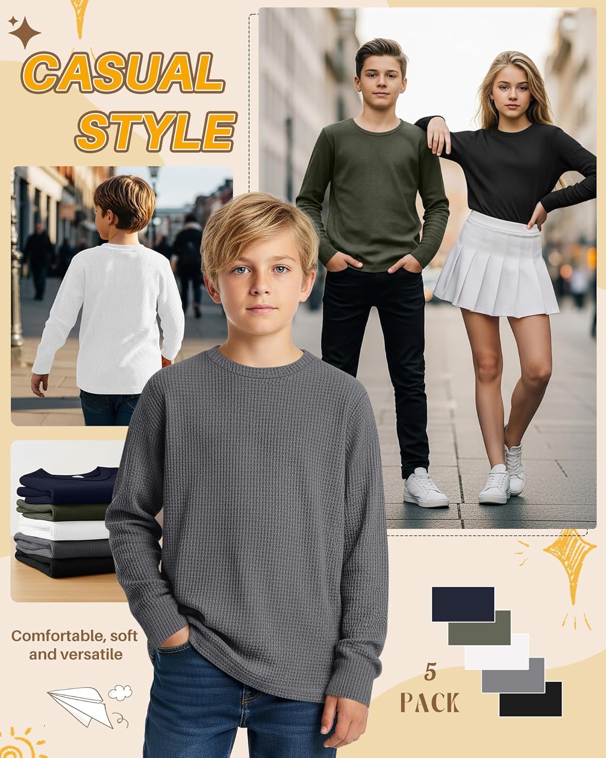 LessonZoo 5 Pack Boy's Long Sleeve Shirts, Waffle Knit Crew Neck Tops T-Shirts Basic Layer Undershirts 5-14 Years Kids - Image 3