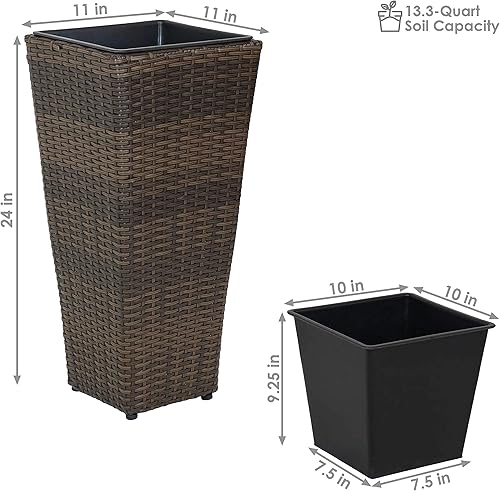 Miniatura 4 de Sunnydaze Maceta cuadrada alta de poliratán, de 24 pulgadas de alto, juego de 2 recipientes decorativos modernos, color marrón, perfecta para patio,