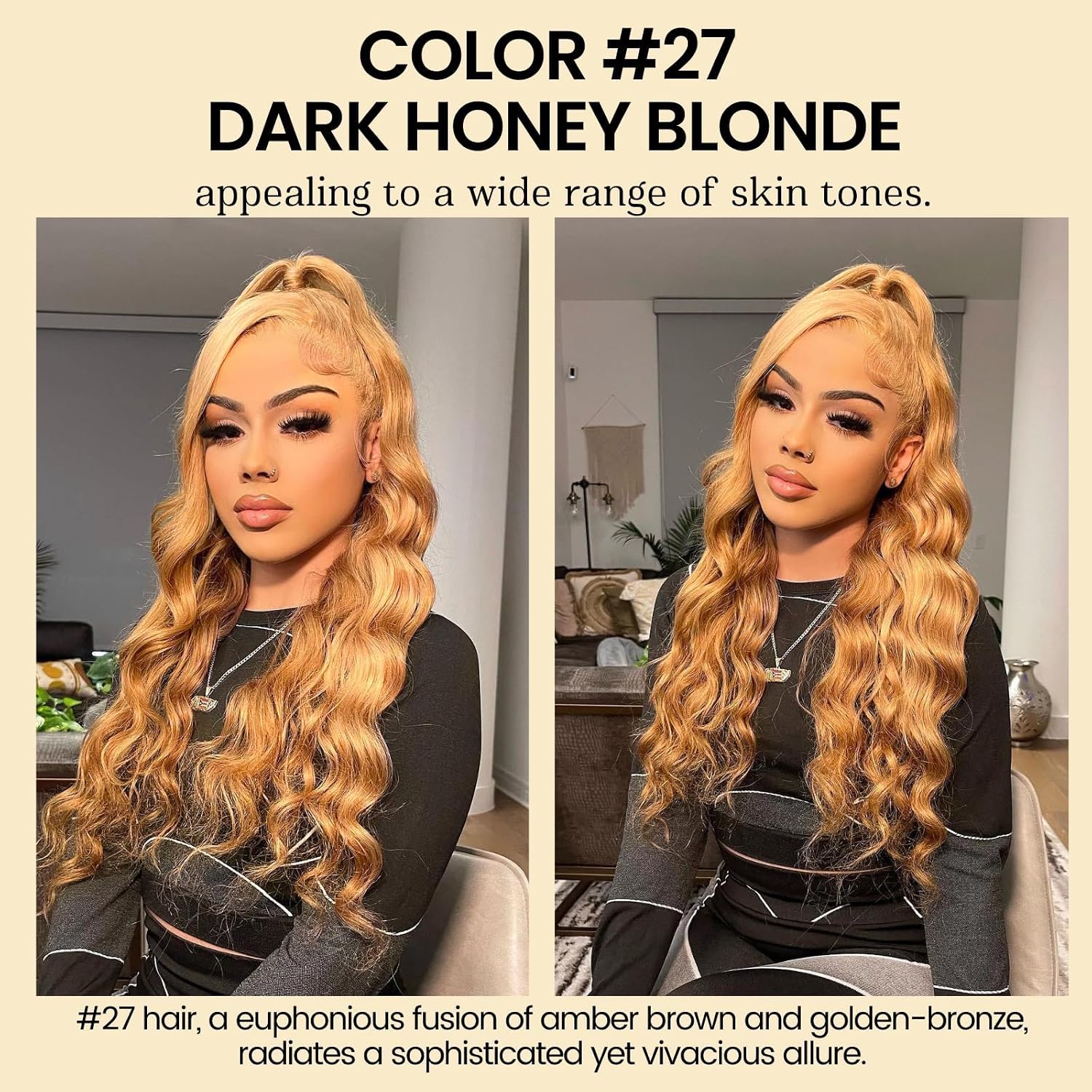 ALHER Color 27 Honey Blonde 13x6 Lace Frontal Body Wave, 12A Sun-kissed Vibe Golden Blonde 13x6 Ear to Ear HD Lace Frontal Pre Plucked With Baby Hair 100% Virgin Remy Human Hair 150% Density 18 Inch