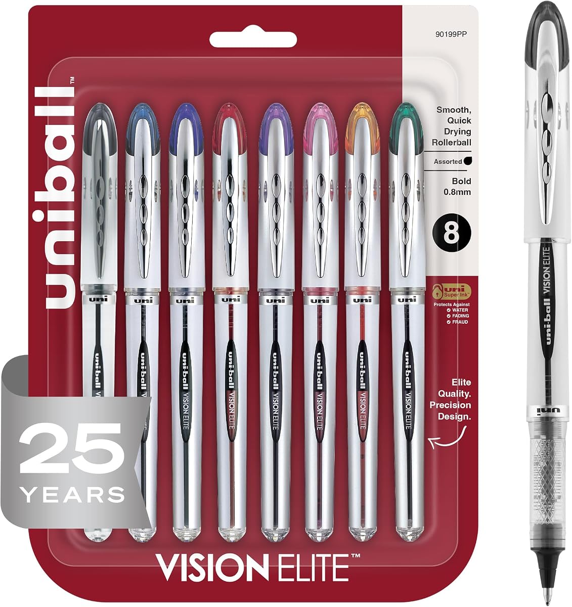 uni-ball® Vision™ Elite™ Liquid Ink Rollerball Pens, Bold Point, 0.8 mm, Black Barrel, Assorted Ink Colors, Pack Of 8