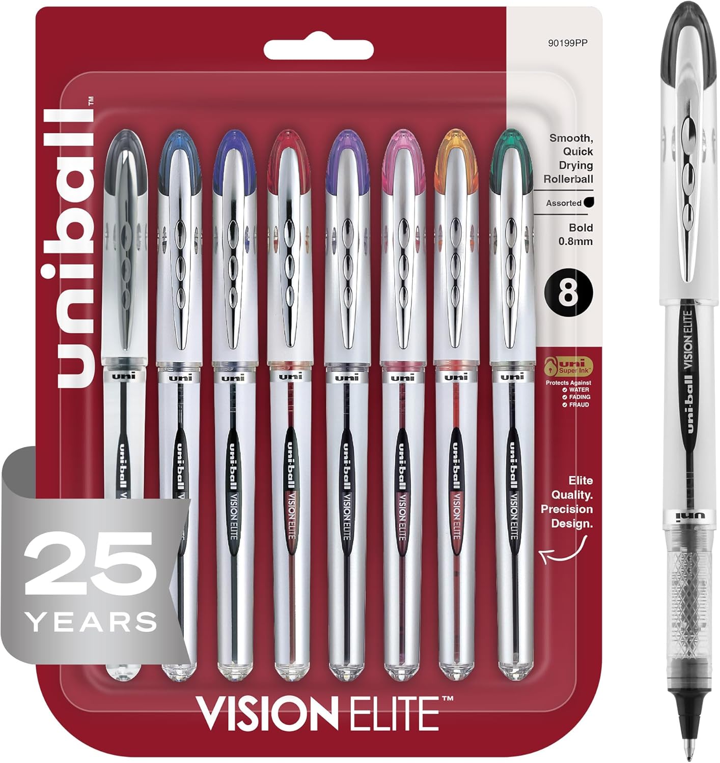 uni-ball® Vision™ Elite™ Liquid Ink Rollerball Pens, Bold Point, 0.8 mm, Black Barrel, Assorted Ink Colors, Pack Of 8