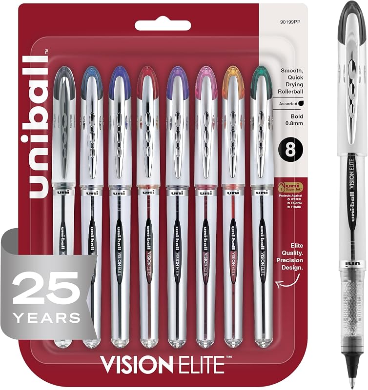 uni-ball® Vision™ Elite™ Liquid Ink Rollerball Pens, Bold Point, 0.8 mm, Black Barrel, Assorted Ink Colors, Pack Of 8