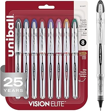 uni-ball VisionTM EliteTM Liquid Ink Rollerball Pens, Bold Point, 0.8 mm, Black Barrel, Assorted Ink Colors, Pack Of 8