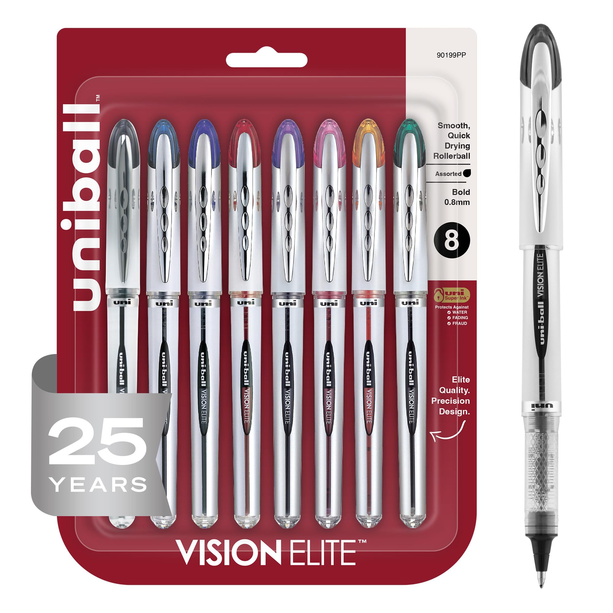Vision™ Elite™ Liquid Ink Rollerball Pens, Bold Point, 0.8 mm, Black Barrel, Assorted Ink Colors, Pack Of 8
