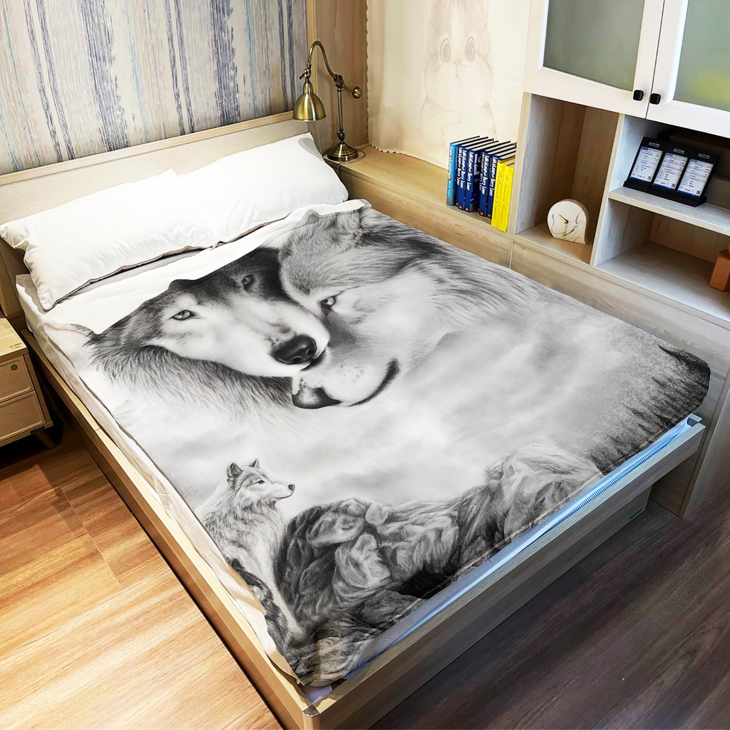 Couverture Polaire Douce 150x200 Cm - Motif Loup Et Attrape-rêves - Jeté De Canapé, Lit, Voyage - Lavable Machine