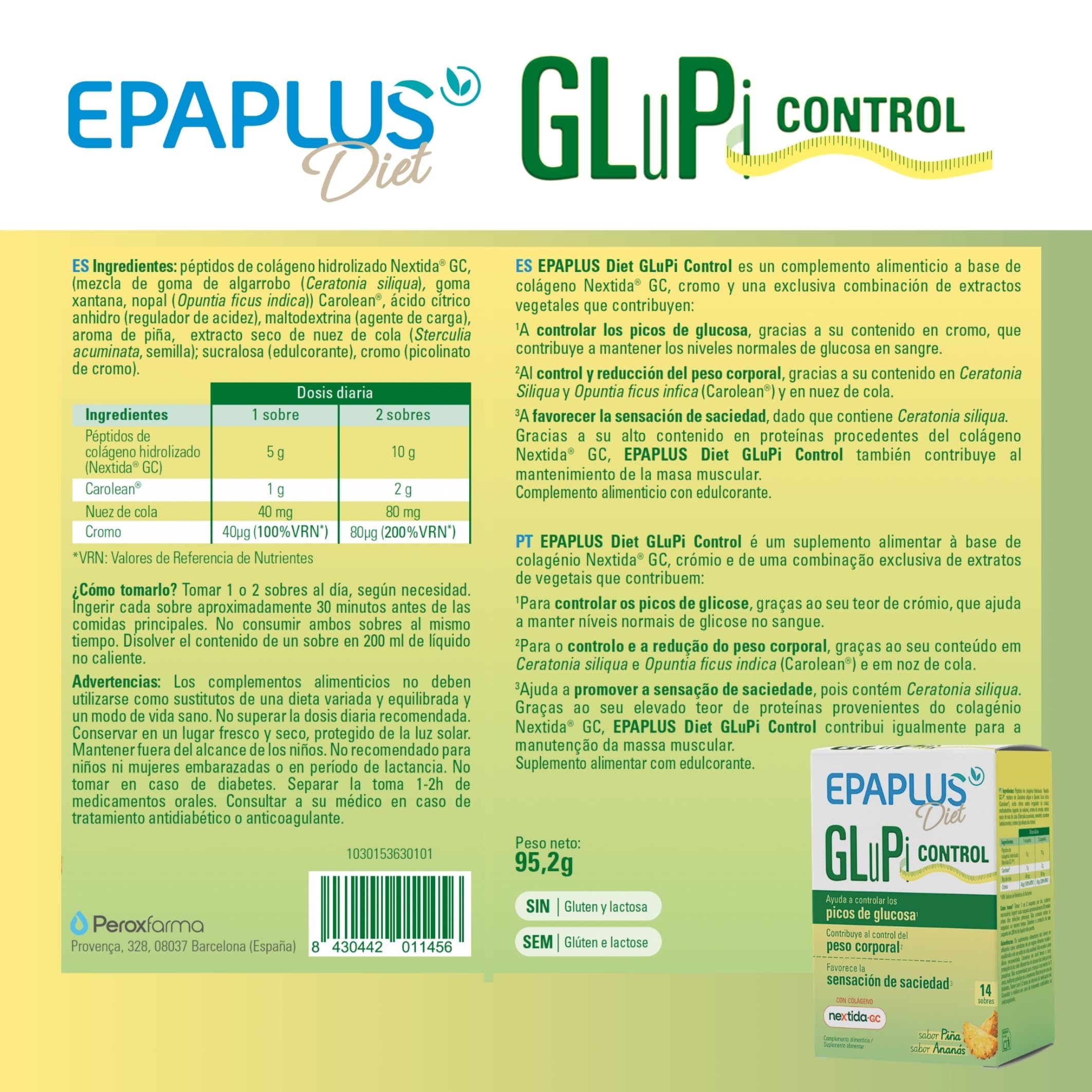 EPAPLUS GluPi Control | Complemento Alimenticio para el Control de Picos de Glucosa | Favorece la Sensación de Saciedad y Apoya el Peso Corporal | Con Cromo y Extractos Vegetales | 14 Sobres